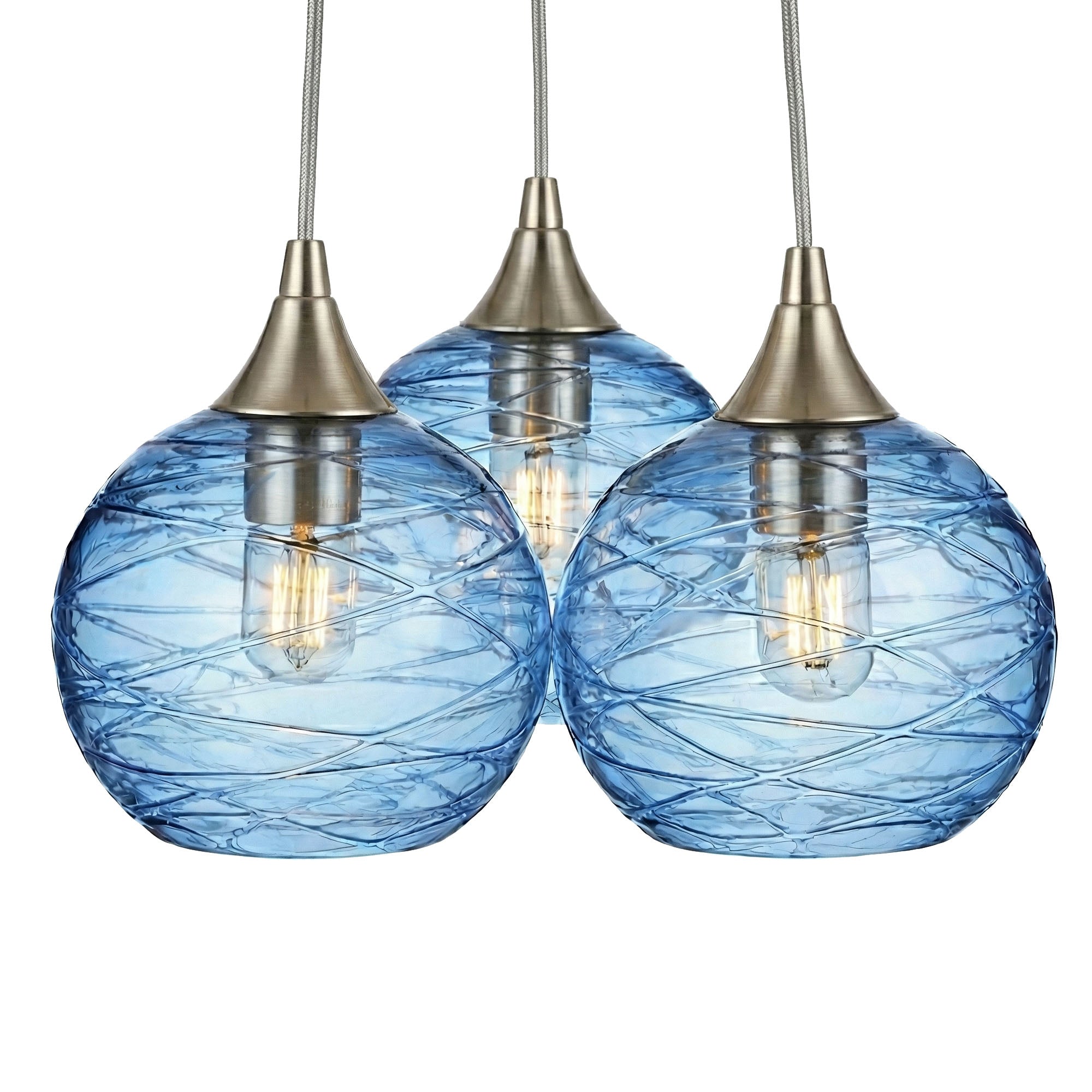 767 3 Cluster Chandelier-Glass-Bicycle Glass Co - Hotshop-Brushed Nickel - 4ft Cord-Spun-Steel Blue-Bicycle Glass Co