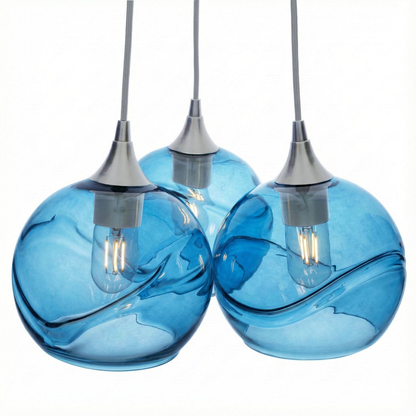 767 3 Cluster Chandelier-Glass-Bicycle Glass Co - Hotshop-Brushed Nickel - 4ft Cord-Swell-Steel Blue-Bicycle Glass Co