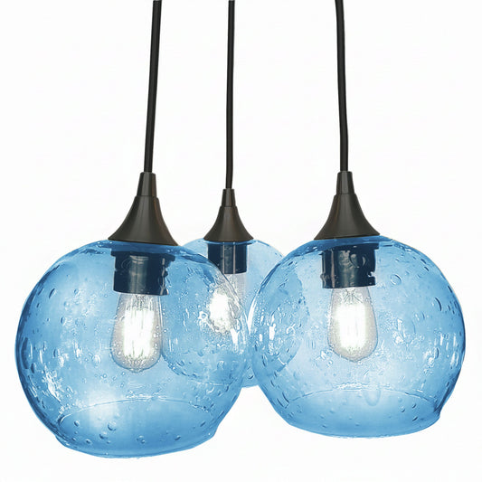 767 3 Cluster Chandelier-Glass-Bicycle Glass Co - Hotshop-Matte Black - 4ft Cord-Lunar-Steel Blue-Bicycle Glass Co