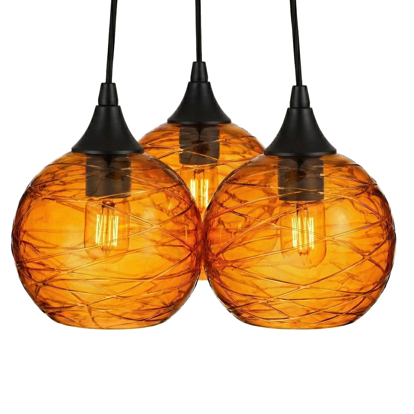 767 3 Cluster Chandelier-Glass-Bicycle Glass Co - Hotshop-Matte Black - 4ft Cord-Spun-Golden Amber-Bicycle Glass Co