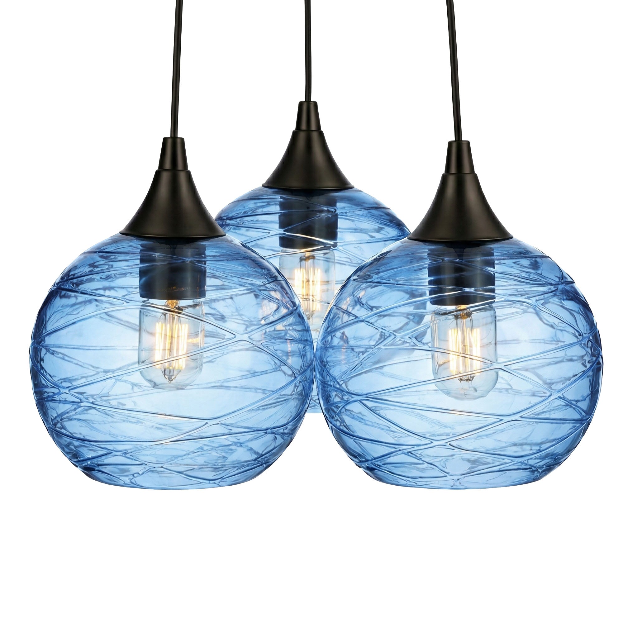 767 3 Cluster Chandelier-Glass-Bicycle Glass Co - Hotshop-Matte Black - 4ft Cord-Spun-Steel Blue-Bicycle Glass Co
