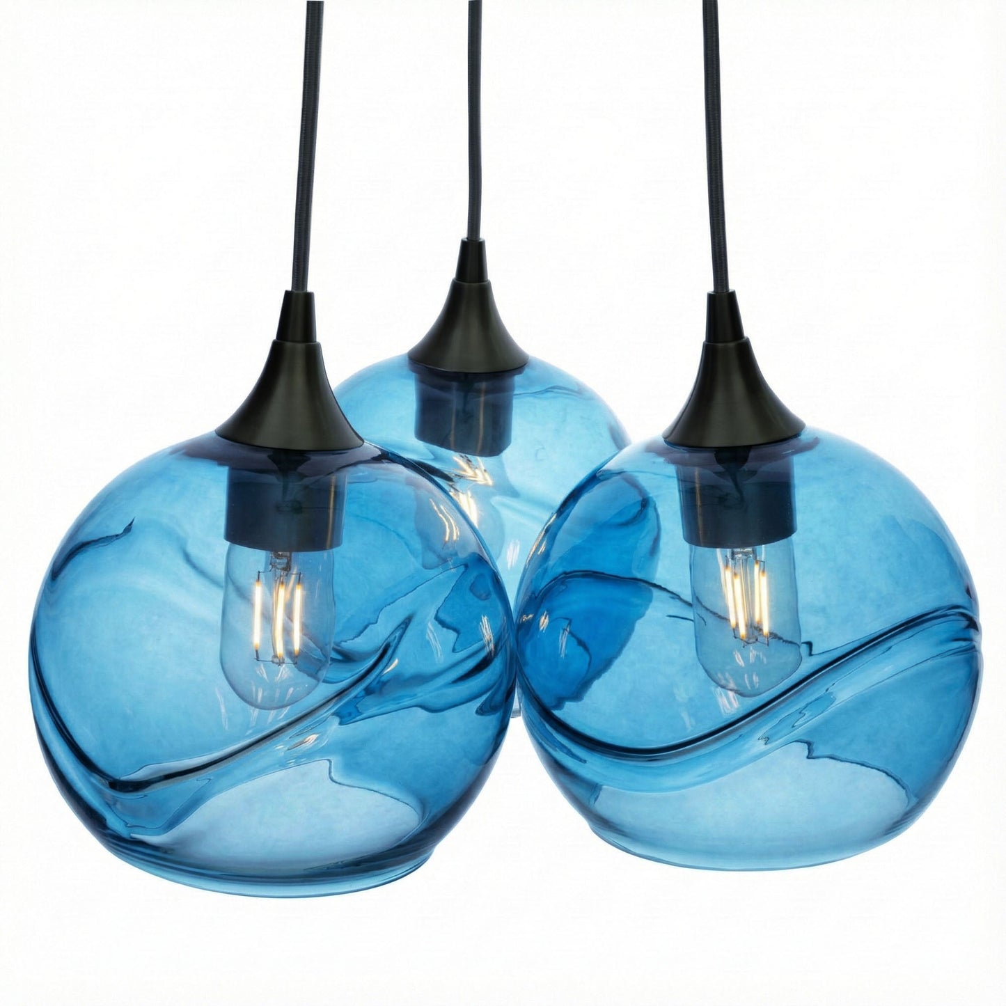 767 3 Cluster Chandelier-Glass-Bicycle Glass Co - Hotshop-Matte Black - 4ft Cord-Swell-Steel Blue-Bicycle Glass Co