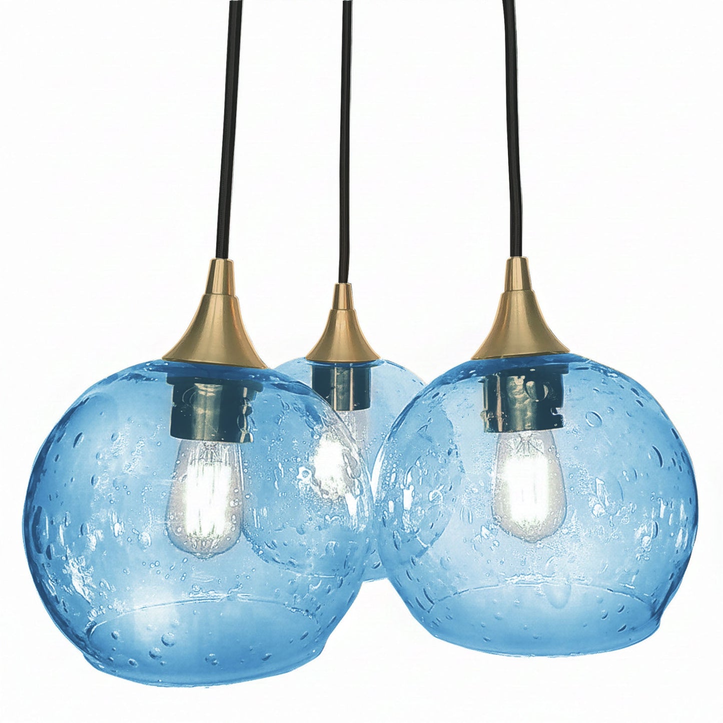 767 3 Cluster Chandelier-Glass-Bicycle Glass Co - Hotshop-Polished Brass - 4ft Cord-Lunar-Steel Blue-Bicycle Glass Co