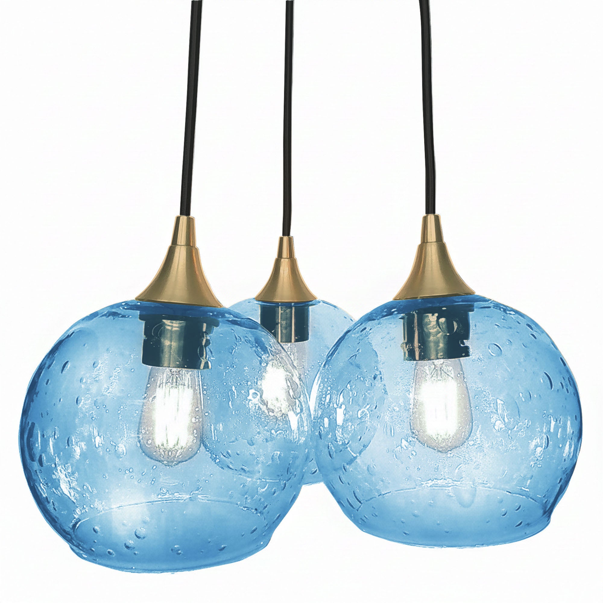 767 3 Cluster Chandelier-Glass-Bicycle Glass Co - Hotshop-Polished Brass - 4ft Cord-Lunar-Steel Blue-Bicycle Glass Co