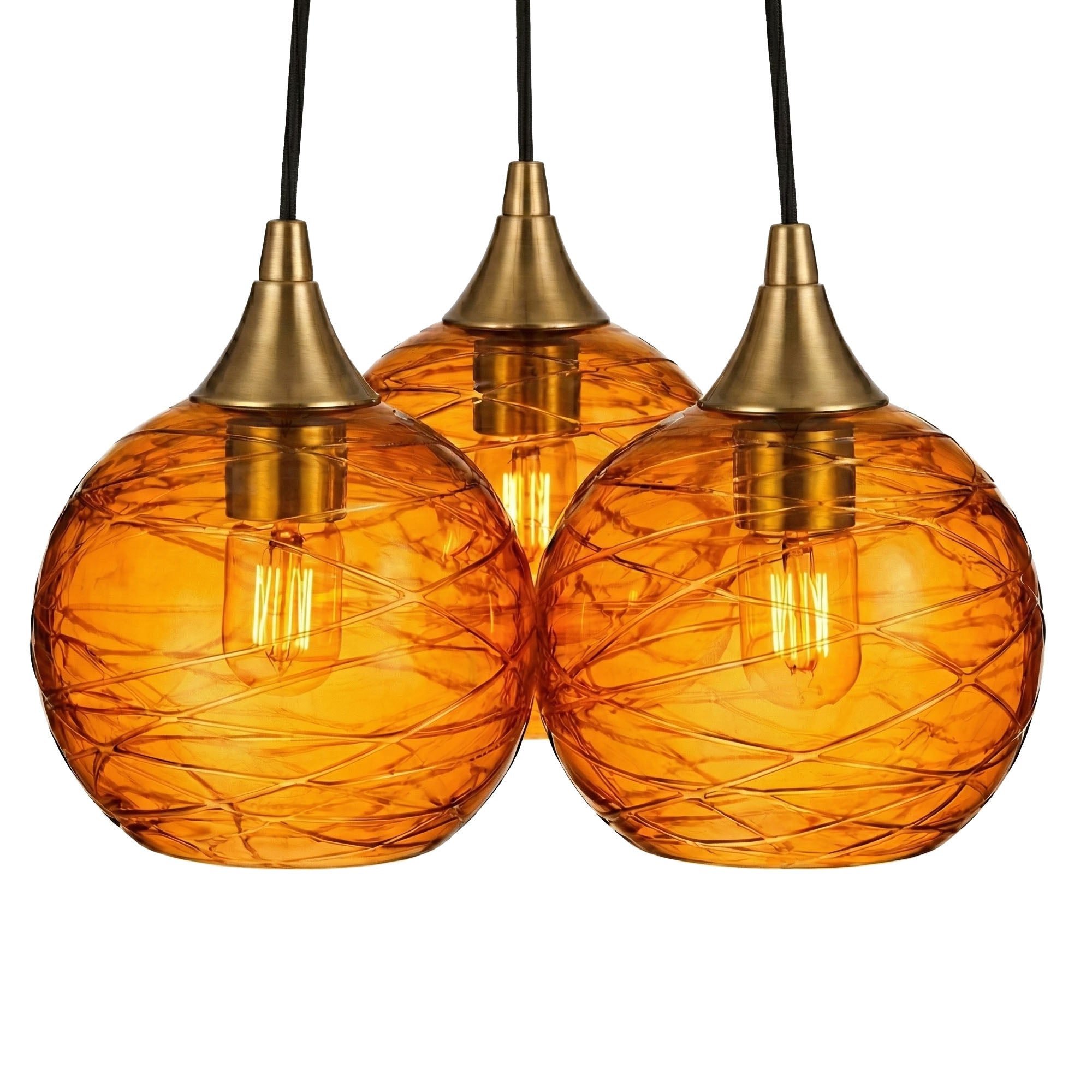 767 3 Cluster Chandelier-Glass-Bicycle Glass Co - Hotshop-Polished Brass - 4ft Cord-Spun-Golden Amber-Bicycle Glass Co
