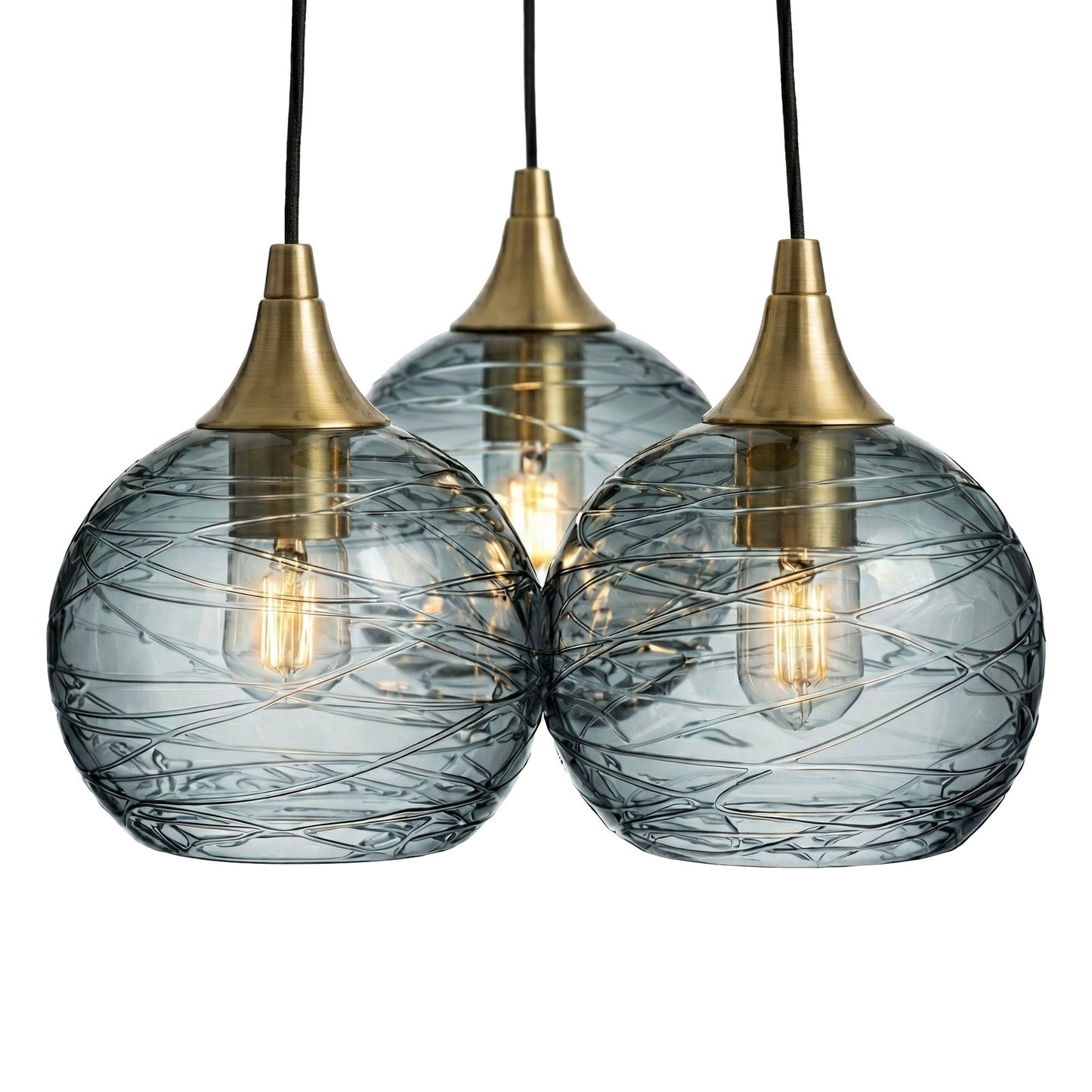 767 3 Cluster Chandelier-Glass-Bicycle Glass Co - Hotshop-Polished Brass - 4ft Cord-Spun-Slate Gray-Bicycle Glass Co