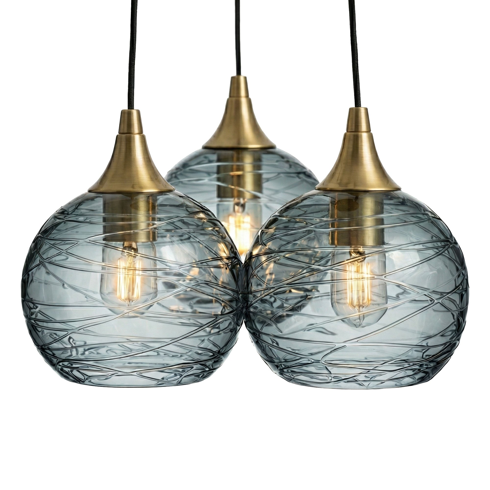 767 3 Cluster Chandelier-Glass-Bicycle Glass Co - Hotshop-Polished Brass - 4ft Cord-Spun-Slate Gray-Bicycle Glass Co