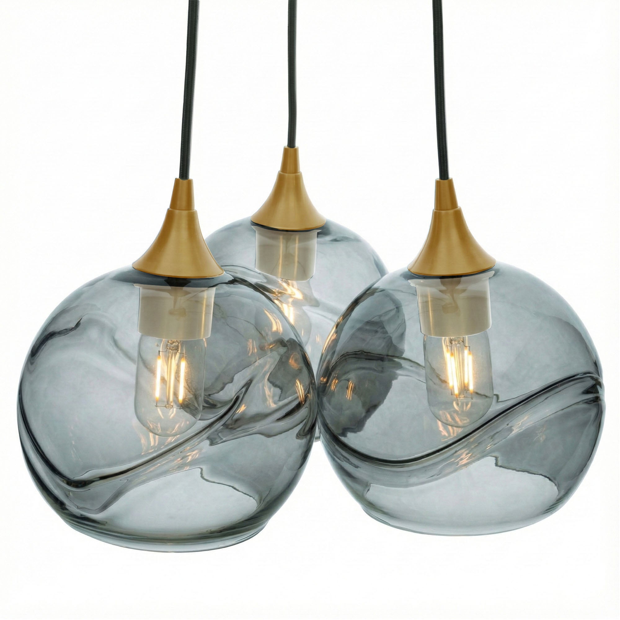 767 3 Cluster Chandelier-Glass-Bicycle Glass Co - Hotshop-Polished Brass - 4ft Cord-Swell-Slate Gray-Bicycle Glass Co