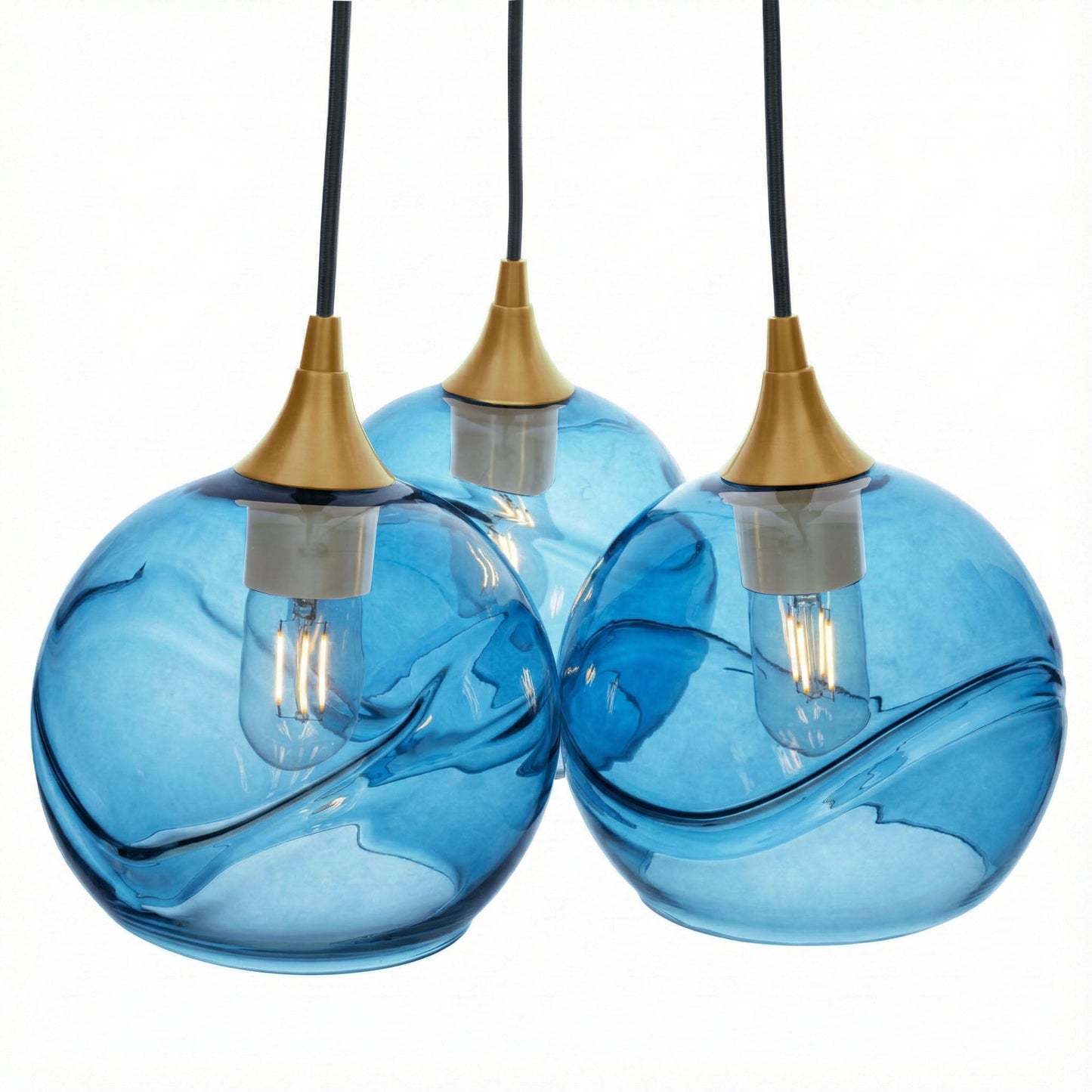 767 3 Cluster Chandelier-Glass-Bicycle Glass Co - Hotshop-Polished Brass - 4ft Cord-Swell-Steel Blue-Bicycle Glass Co