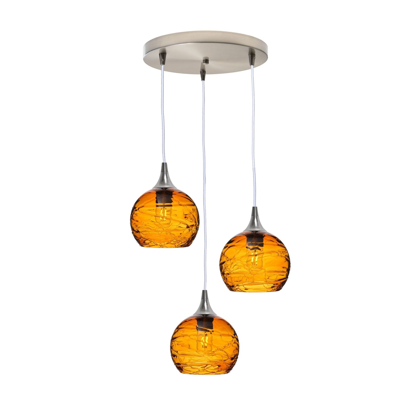 767 3 Pendant Cascade Chandelier-Glass-Bicycle Glass Co - Hotshop-Brushed Nickel - 4ft Cord-Spun-Golden Amber-Bicycle Glass Co