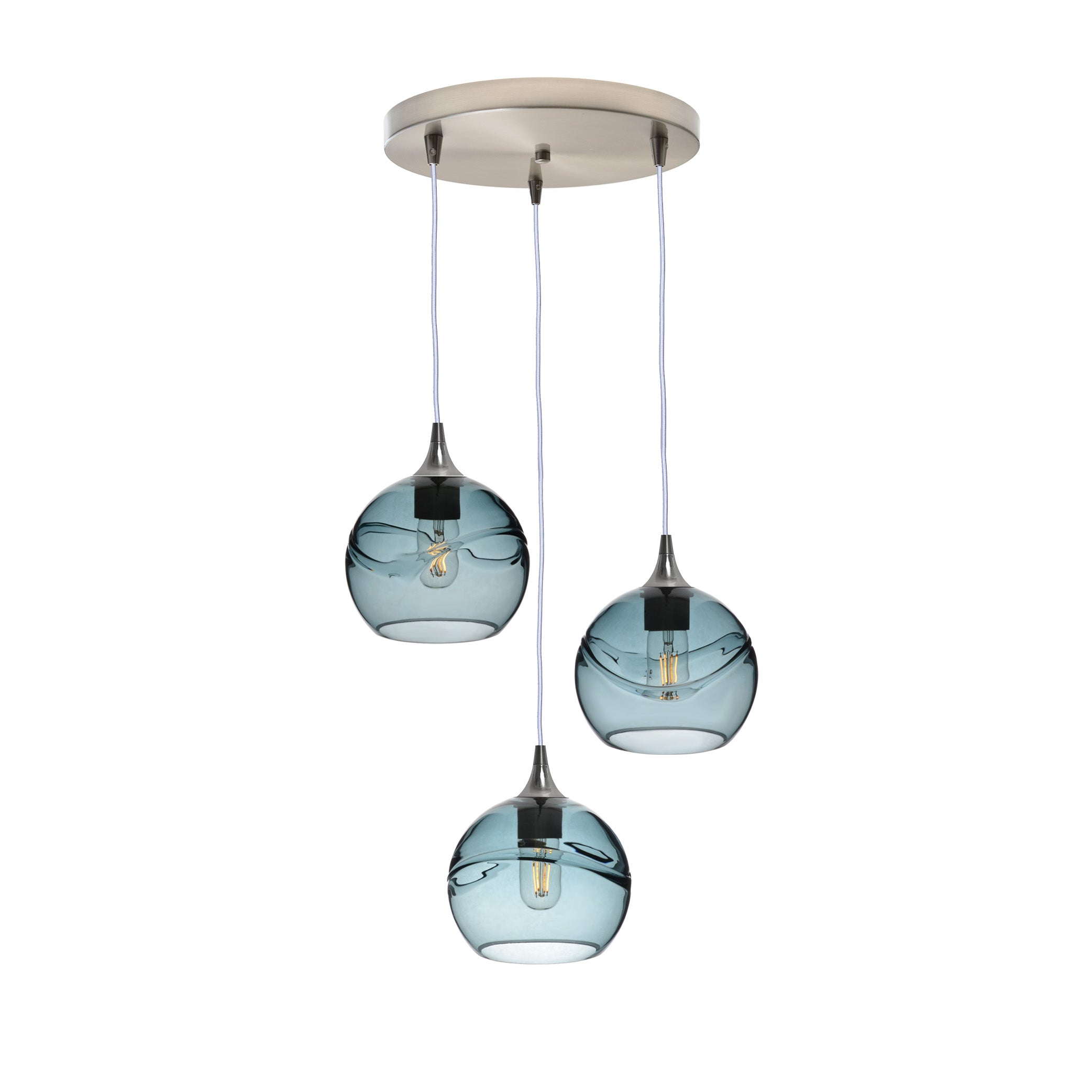 767 3 Pendant Cascade Chandelier-Glass-Bicycle Glass Co - Hotshop-Brushed Nickel - 4ft Cord-Swell-Slate Gray-Bicycle Glass Co