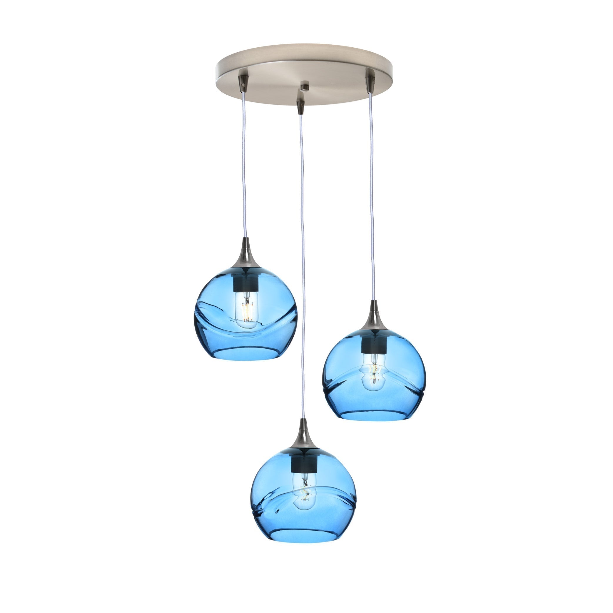 767 3 Pendant Cascade Chandelier-Glass-Bicycle Glass Co - Hotshop-Brushed Nickel - 4ft Cord-Swell-Steel Blue-Bicycle Glass Co