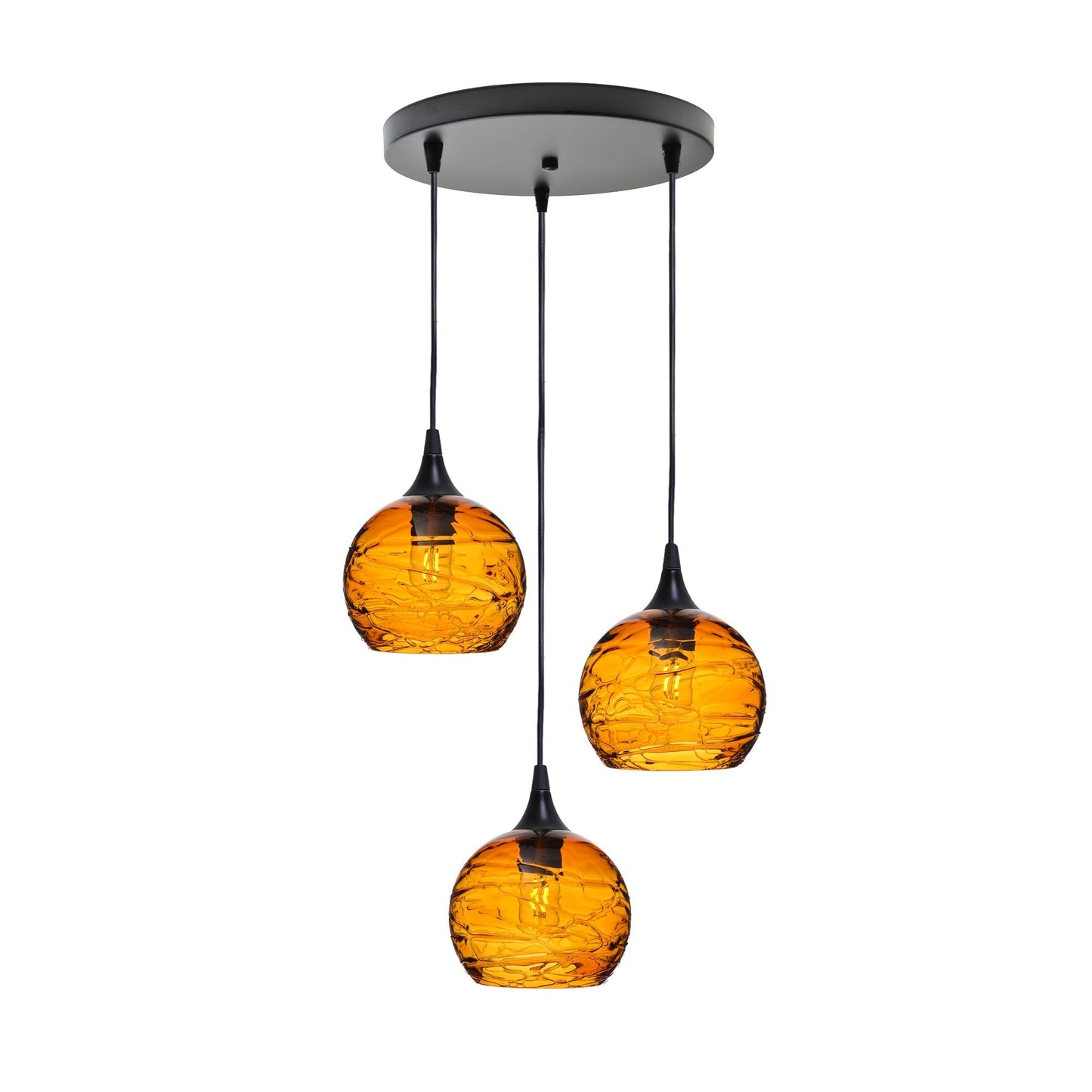 767 3 Pendant Cascade Chandelier-Glass-Bicycle Glass Co - Hotshop-Matte Black - 4ft Cord-Spun-Golden Amber-Bicycle Glass Co