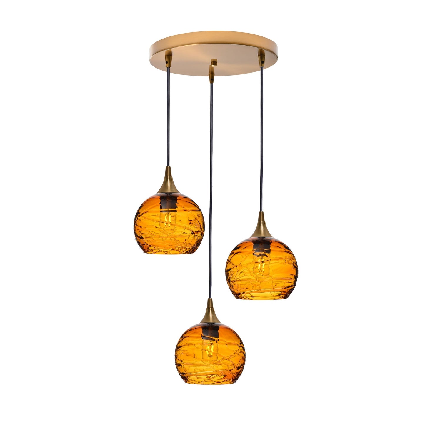 767 3 Pendant Cascade Chandelier-Glass-Bicycle Glass Co - Hotshop-Polished Brass - 4ft Cord-Spun-Golden Amber-Bicycle Glass Co