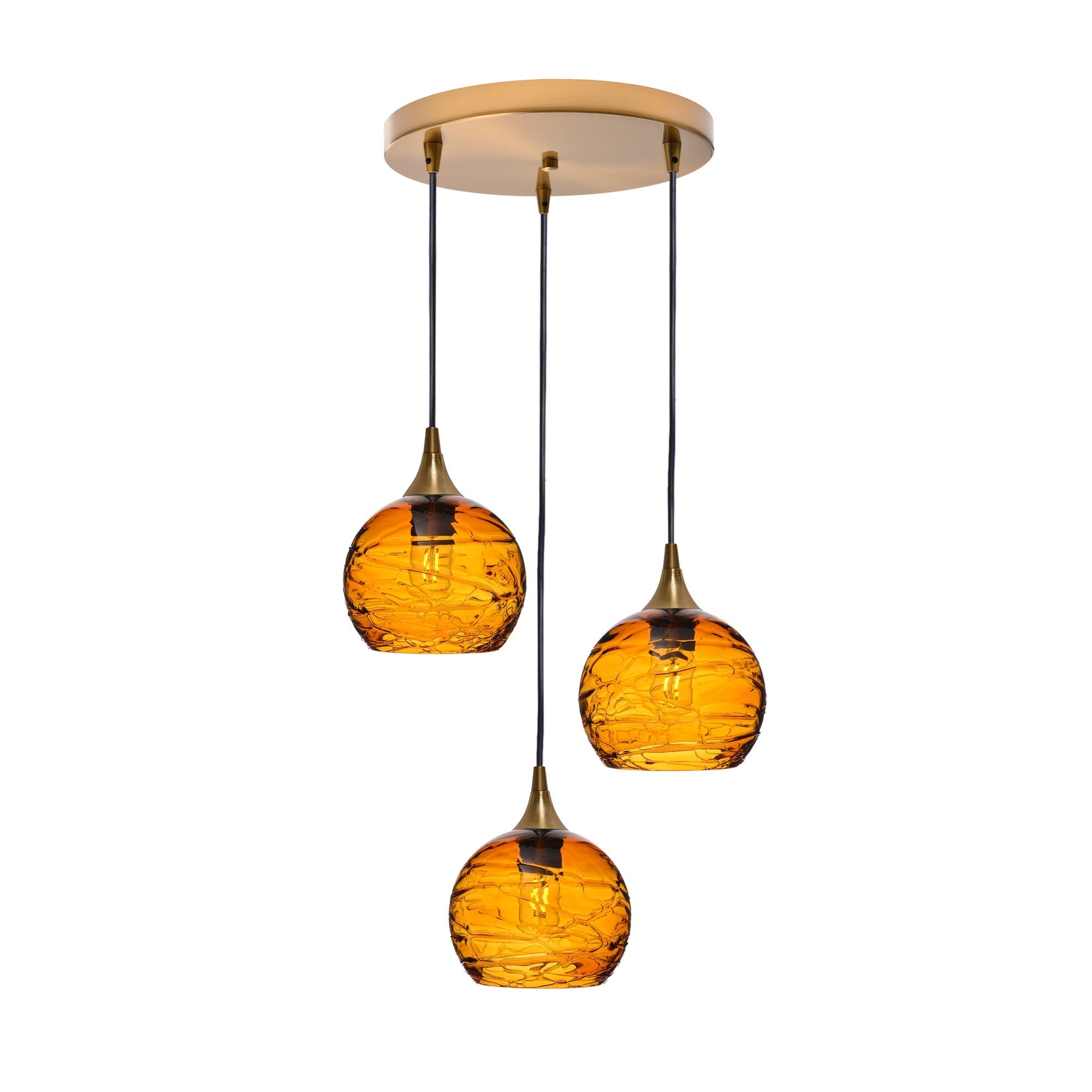 767 3 Pendant Cascade Chandelier-Glass-Bicycle Glass Co - Hotshop-Polished Brass - 4ft Cord-Spun-Golden Amber-Bicycle Glass Co