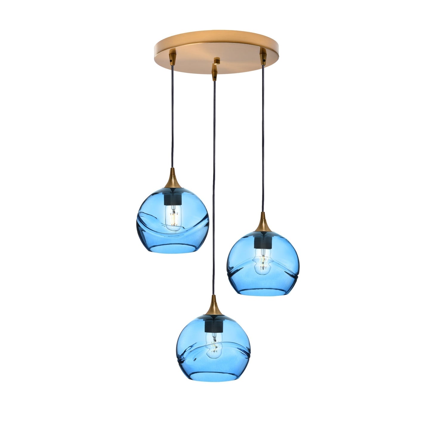 767 3 Pendant Cascade Chandelier-Glass-Bicycle Glass Co - Hotshop-Polished Brass - 4ft Cord-Swell-Steel Blue-Bicycle Glass Co