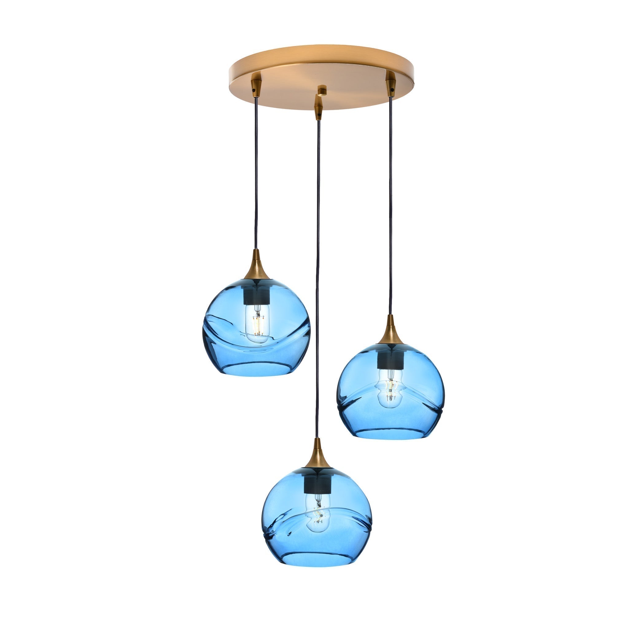 767 3 Pendant Cascade Chandelier-Glass-Bicycle Glass Co - Hotshop-Polished Brass - 4ft Cord-Swell-Steel Blue-Bicycle Glass Co