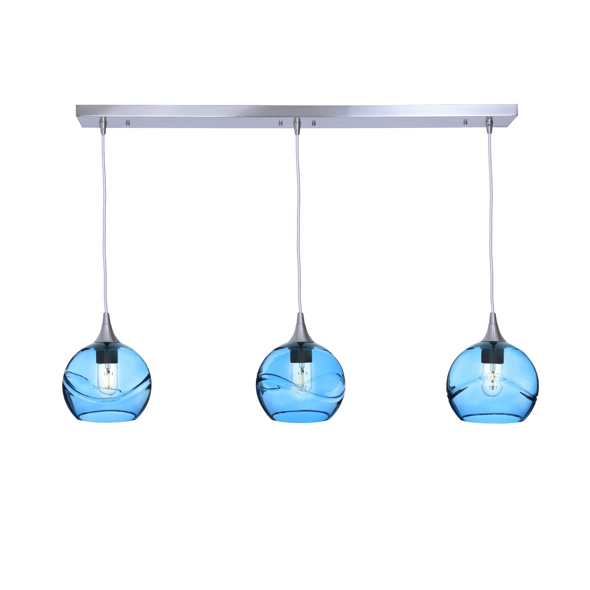 767 3 Pendant Linear Chandelier-Glass-Bicycle Glass Co - Hotshop-Brushed Nickel - 4ft Cord-Swell-Steel Blue-Bicycle Glass Co