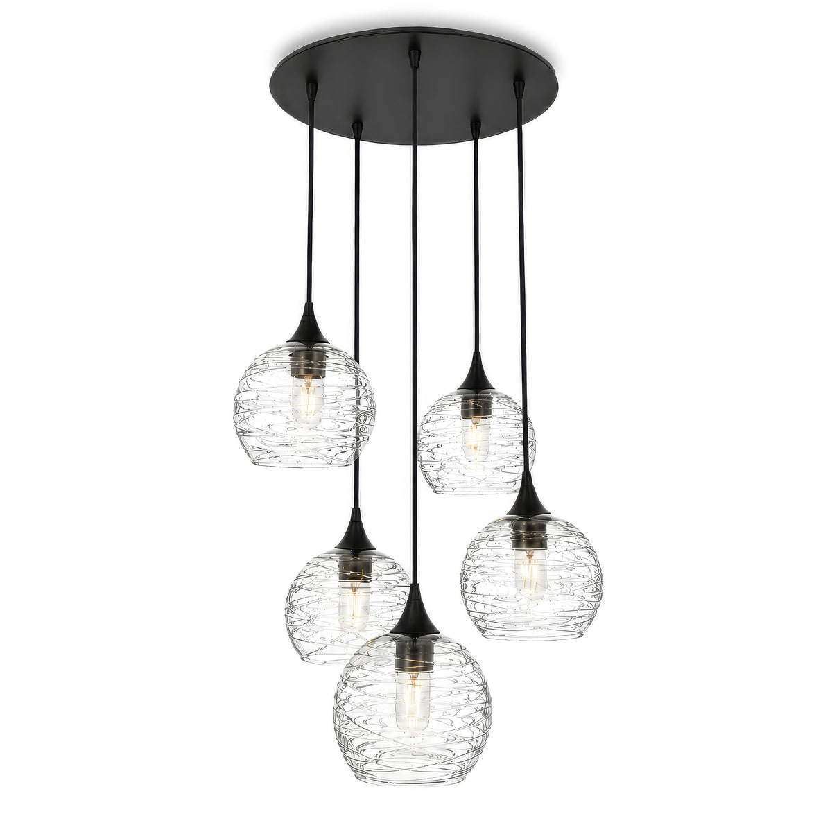 767 5 Pendant Cascade Chandelier-Glass-Bicycle Glass Co - Hotshop-Matte Black - 4ft Cord-Spun-Eco Clear-Bicycle Glass Co