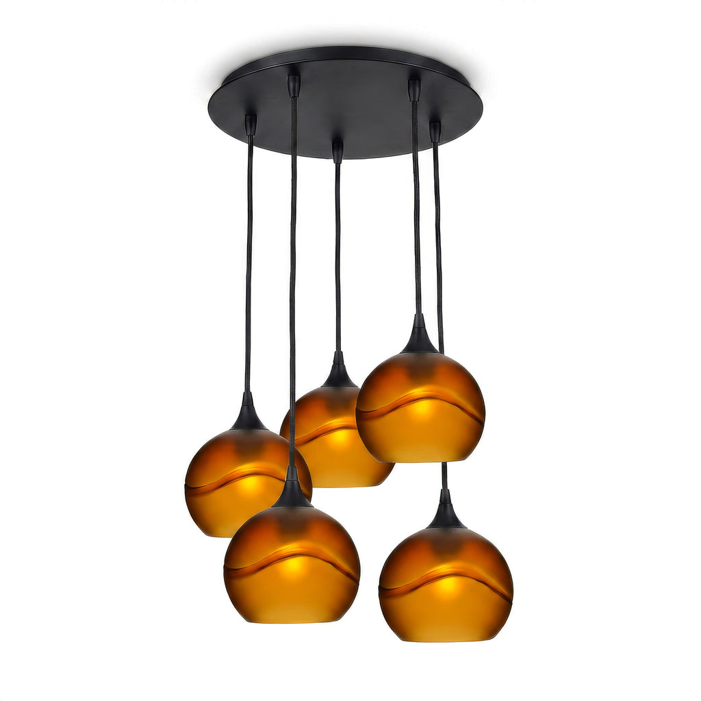767 5 Pendant Cascade Chandelier-Glass-Bicycle Glass Co - Hotshop-Matte Black - 4ft Cord-Glacial-Golden Amber-Bicycle Glass Co
