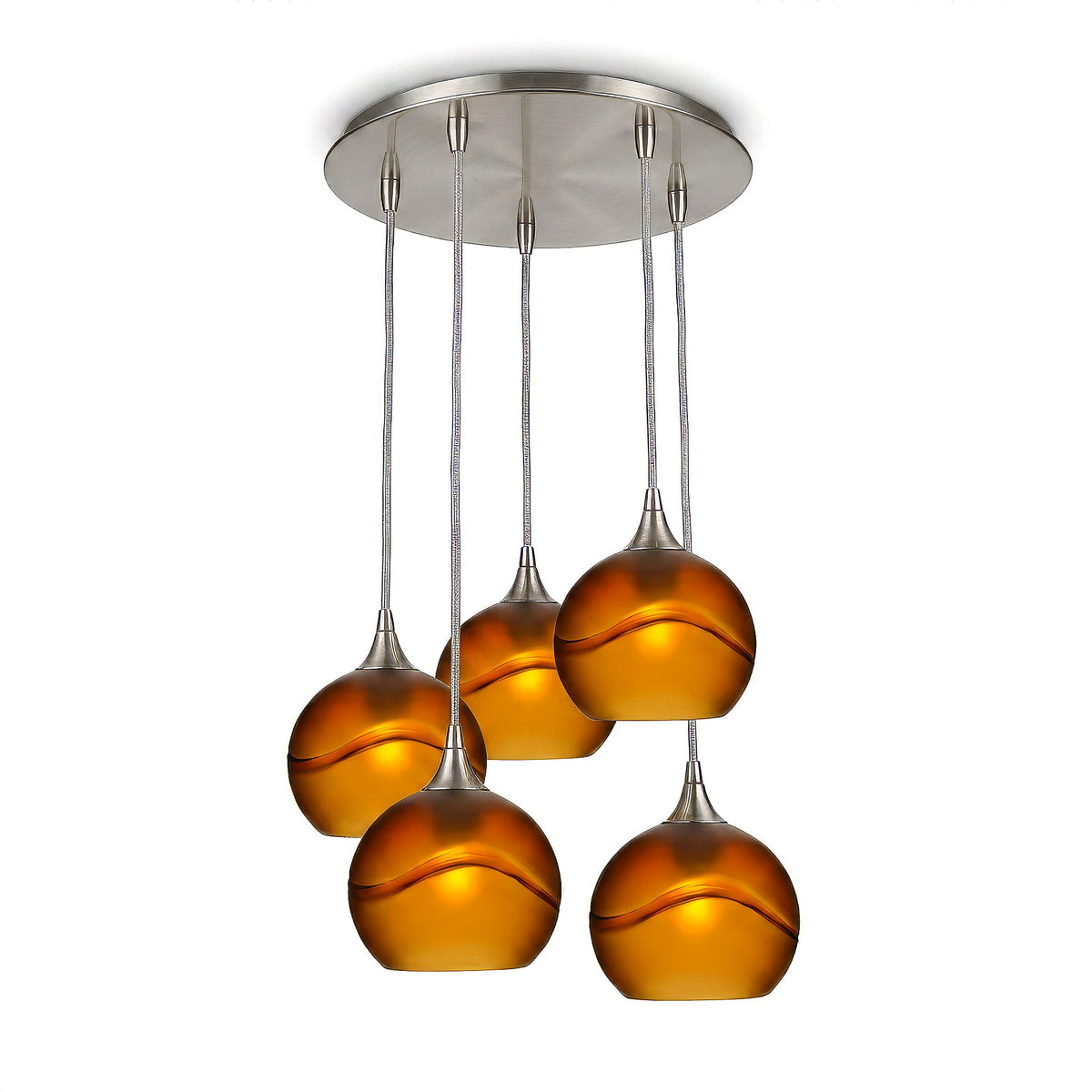 767 5 Pendant Cascade Chandelier-Glass-Bicycle Glass Co - Hotshop-Brushed Nickel - 4ft Cord-Glacial-Golden Amber-Bicycle Glass Co