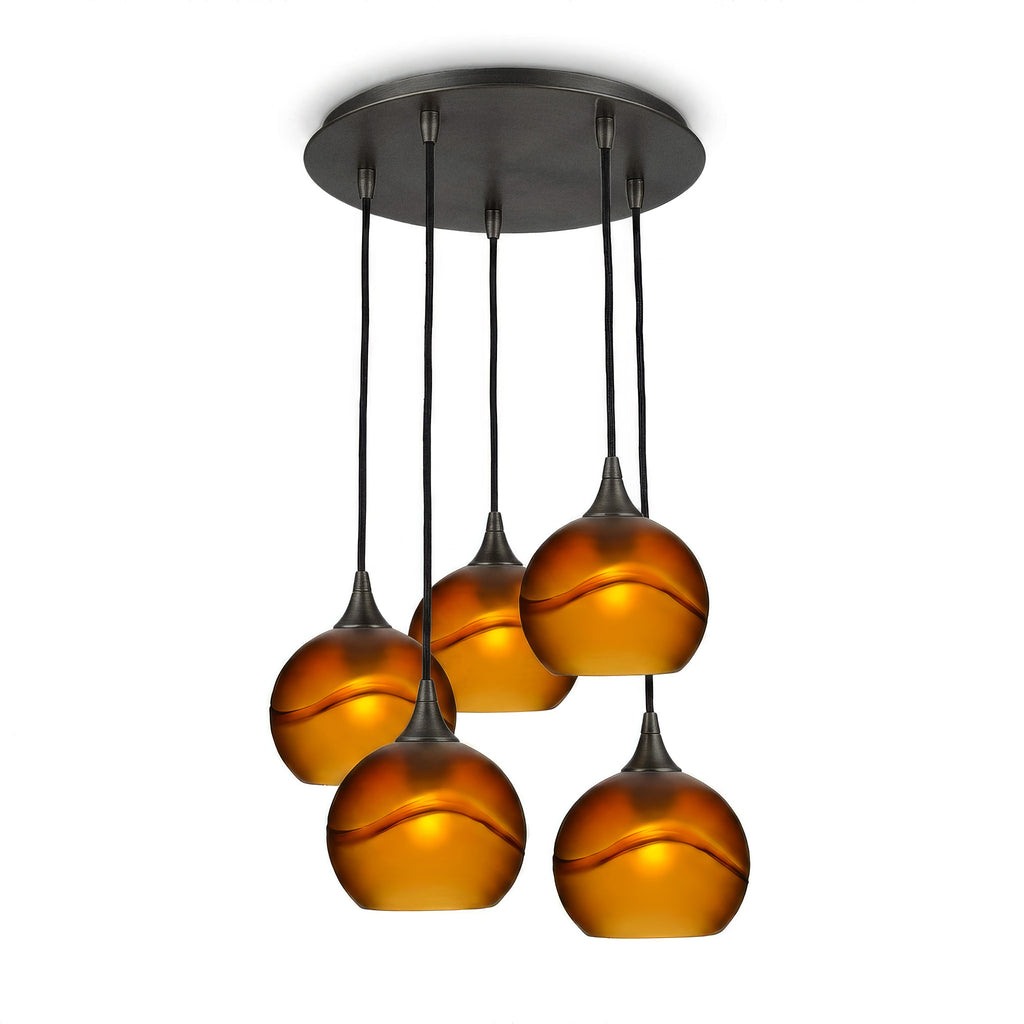 767 5 Pendant Cascade Chandelier-Glass-Bicycle Glass Co - Hotshop-Antique Bronze - 4ft Cord-Glacial-Golden Amber-Bicycle Glass Co