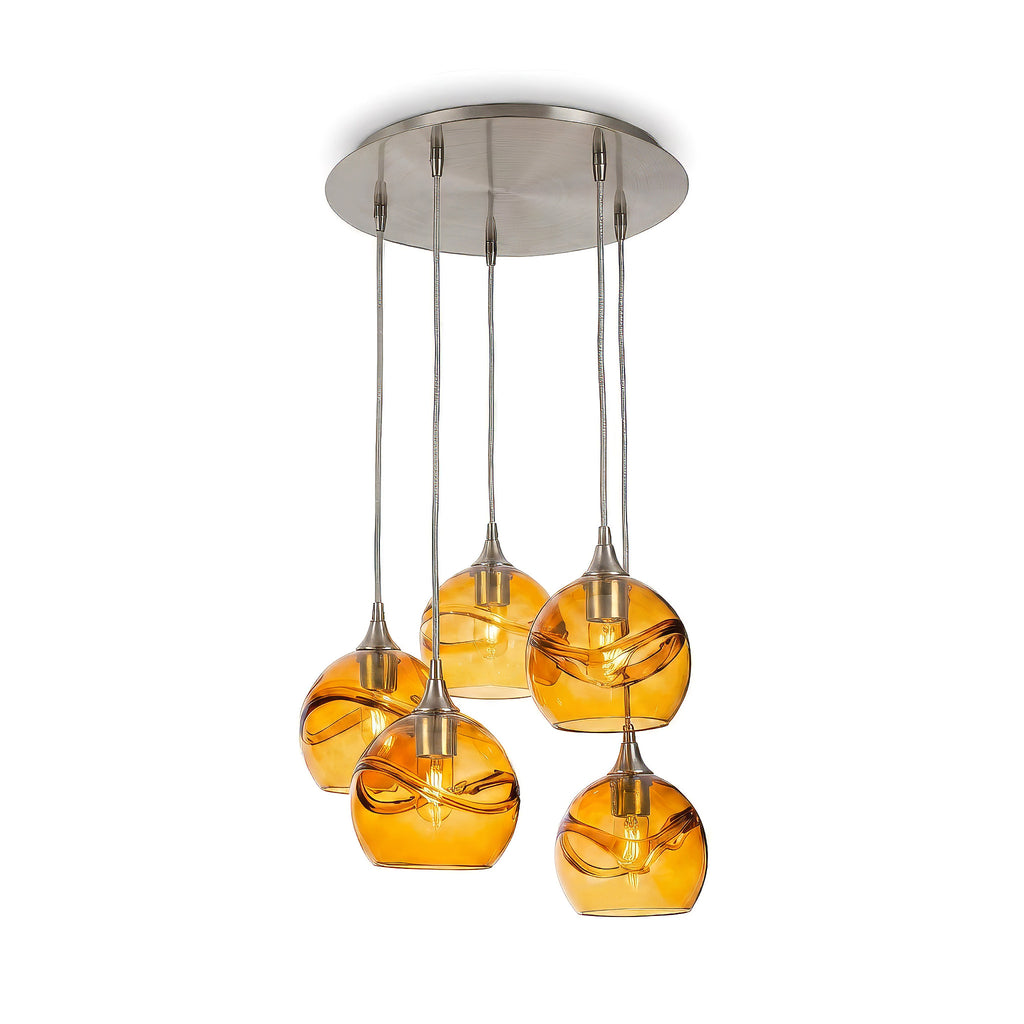 767 5 Pendant Cascade Chandelier-Glass-Bicycle Glass Co - Hotshop-Brushed Nickel - 4ft Cord-Swell-Golden Amber-Bicycle Glass Co