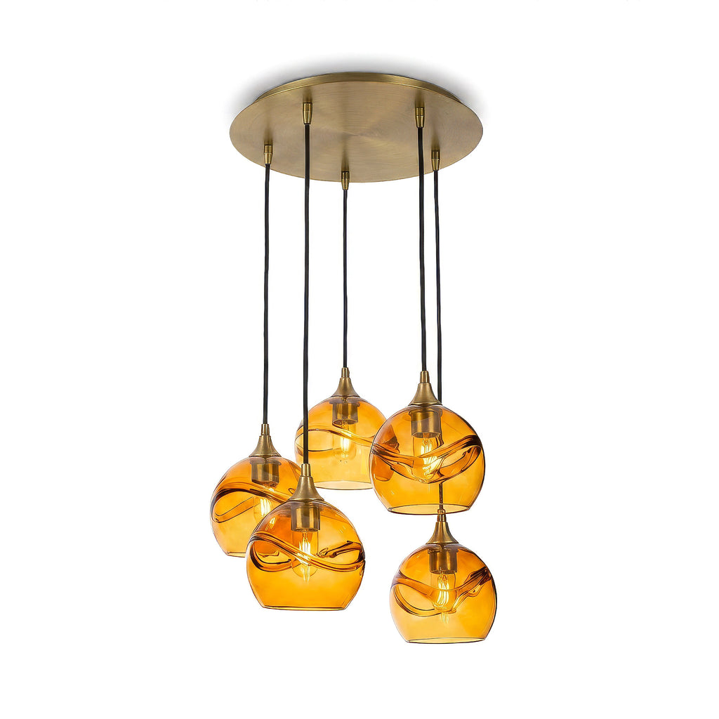 767 5 Pendant Cascade Chandelier-Glass-Bicycle Glass Co - Hotshop-Polished Brass - 4ft Cord-Swell-Golden Amber-Bicycle Glass Co