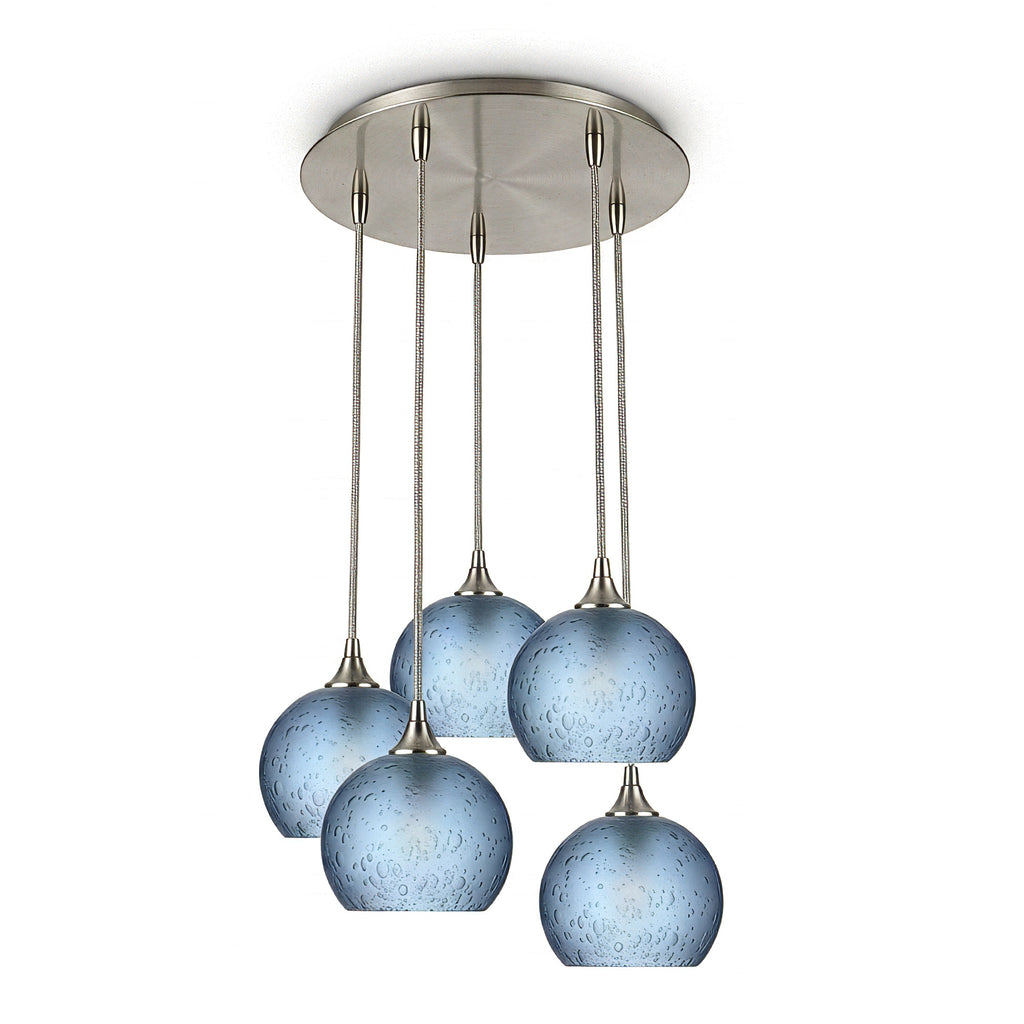 767 5 Pendant Cascade Chandelier-Glass-Bicycle Glass Co - Hotshop-Brushed Nickel - 4ft Cord-Celestial-Steel Blue-Bicycle Glass Co