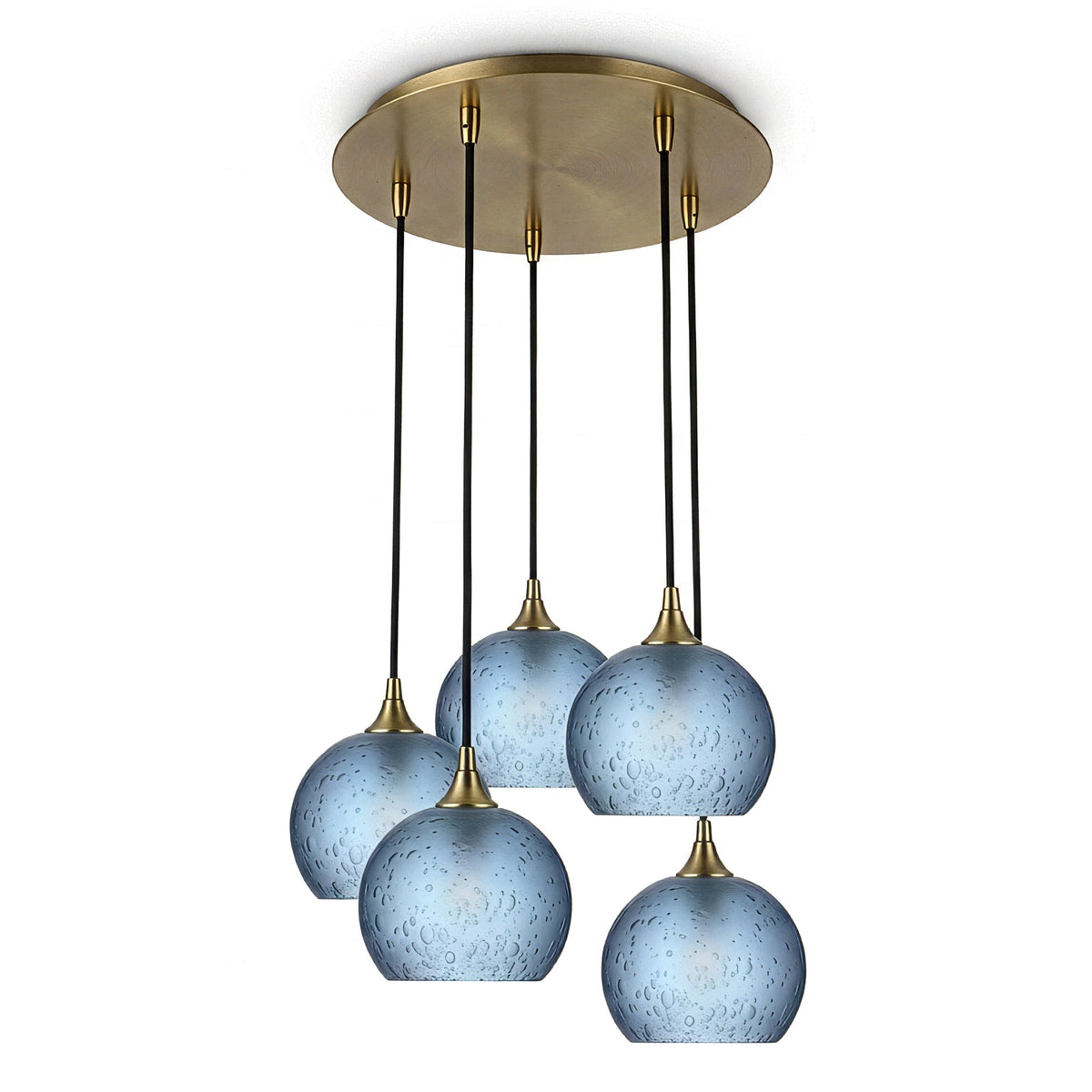 767 5 Pendant Cascade Chandelier-Glass-Bicycle Glass Co - Hotshop-Polished Brass - 4ft Cord-Celestial-Steel Blue-Bicycle Glass Co