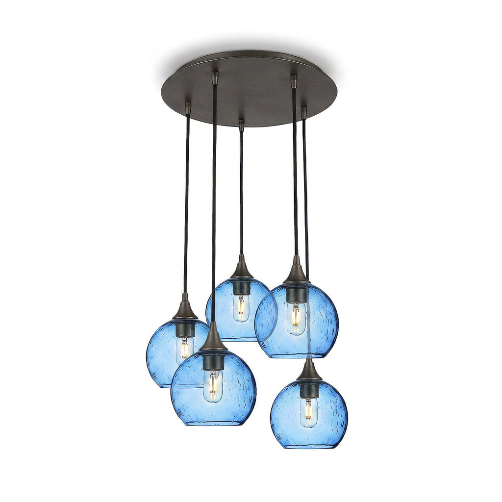767 5 Pendant Cascade Chandelier-Glass-Bicycle Glass Co - Hotshop-Antique Bronze - 4ft Cord-Lunar-Steel Blue-Bicycle Glass Co