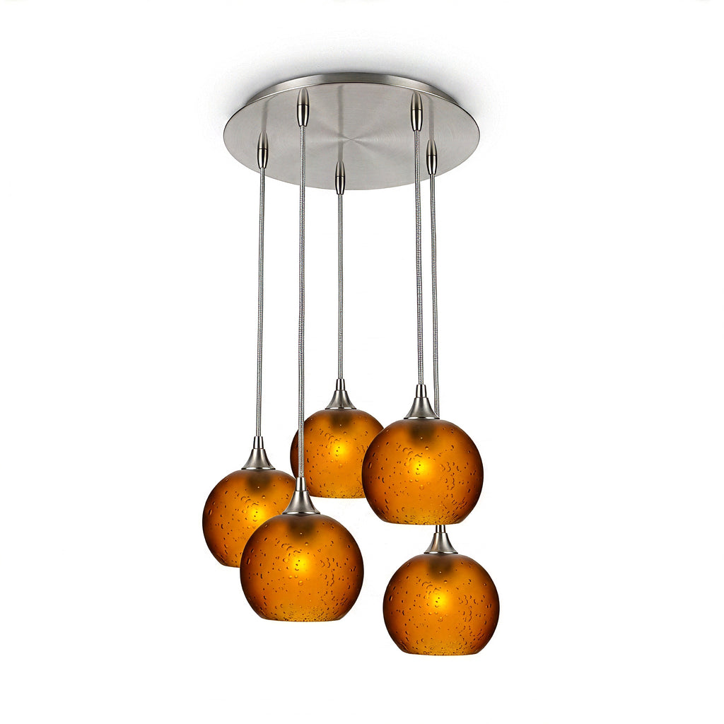 767 5 Pendant Cascade Chandelier-Glass-Bicycle Glass Co - Hotshop-Brushed Nickel - 4ft Cord-Celestial-Golden Amber-Bicycle Glass Co
