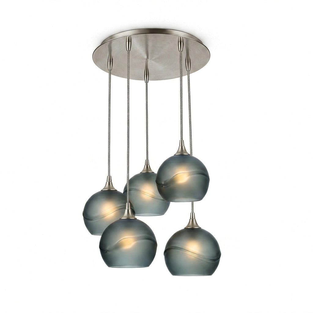 767 5 Pendant Cascade Chandelier-Glass-Bicycle Glass Co - Hotshop-Brushed Nickel - 4ft Cord-Glacial-Slate Gray-Bicycle Glass Co