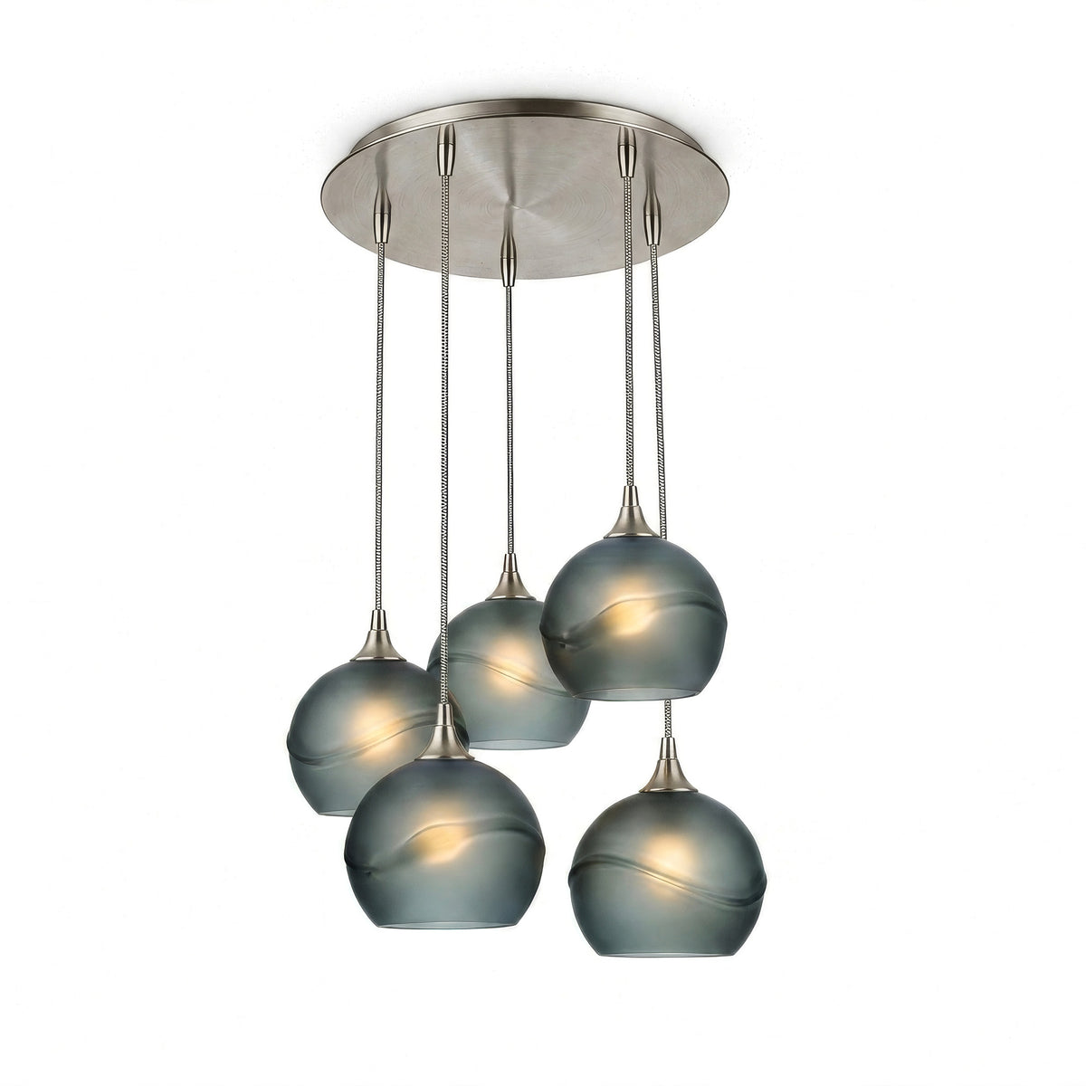 767 5 Pendant Cascade Chandelier-Glass-Bicycle Glass Co - Hotshop-Brushed Nickel - 4ft Cord-Glacial-Slate Gray-Bicycle Glass Co