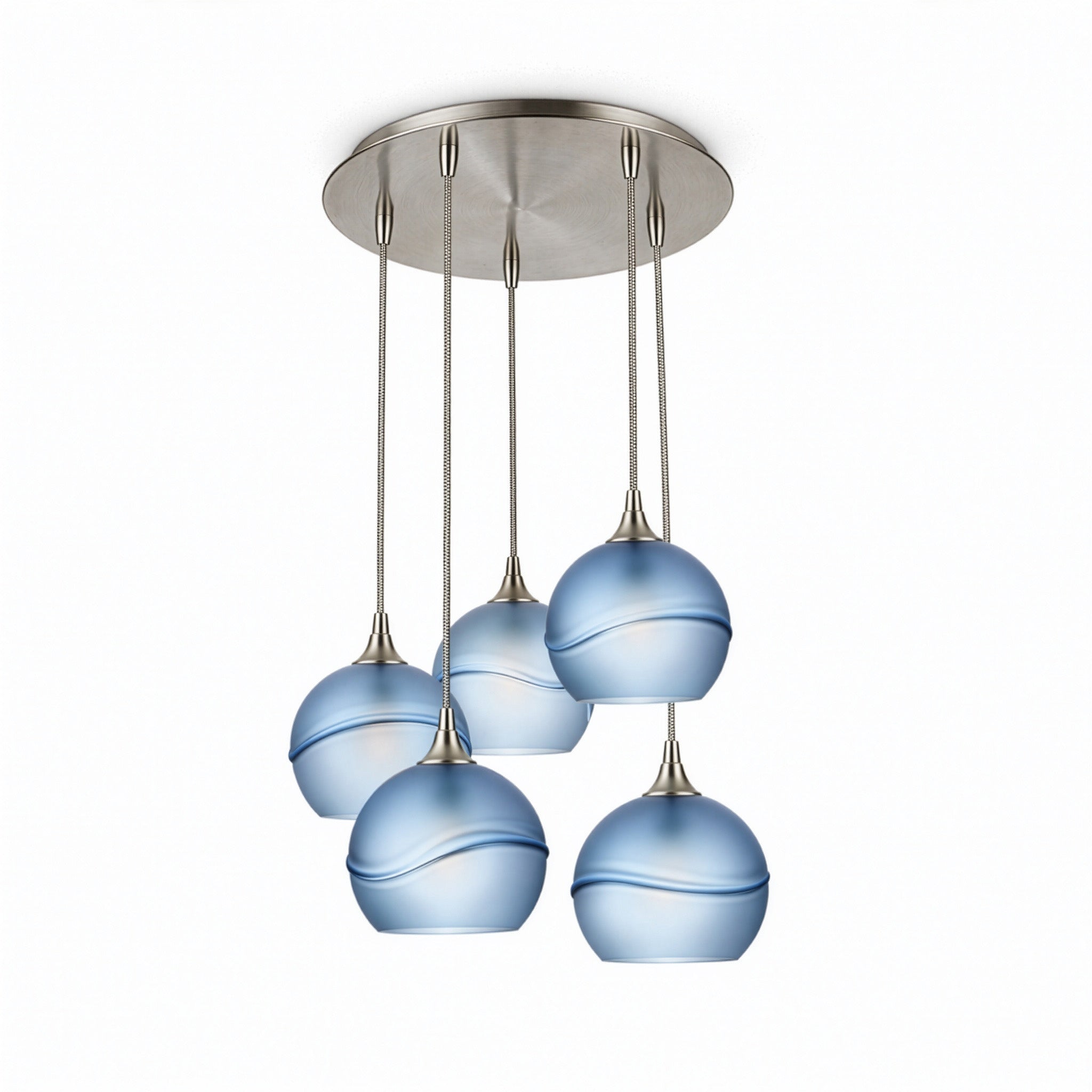 767 5 Pendant Cascade Chandelier-Glass-Bicycle Glass Co - Hotshop-Brushed Nickel - 4ft Cord-Glacial-Steel Blue-Bicycle Glass Co