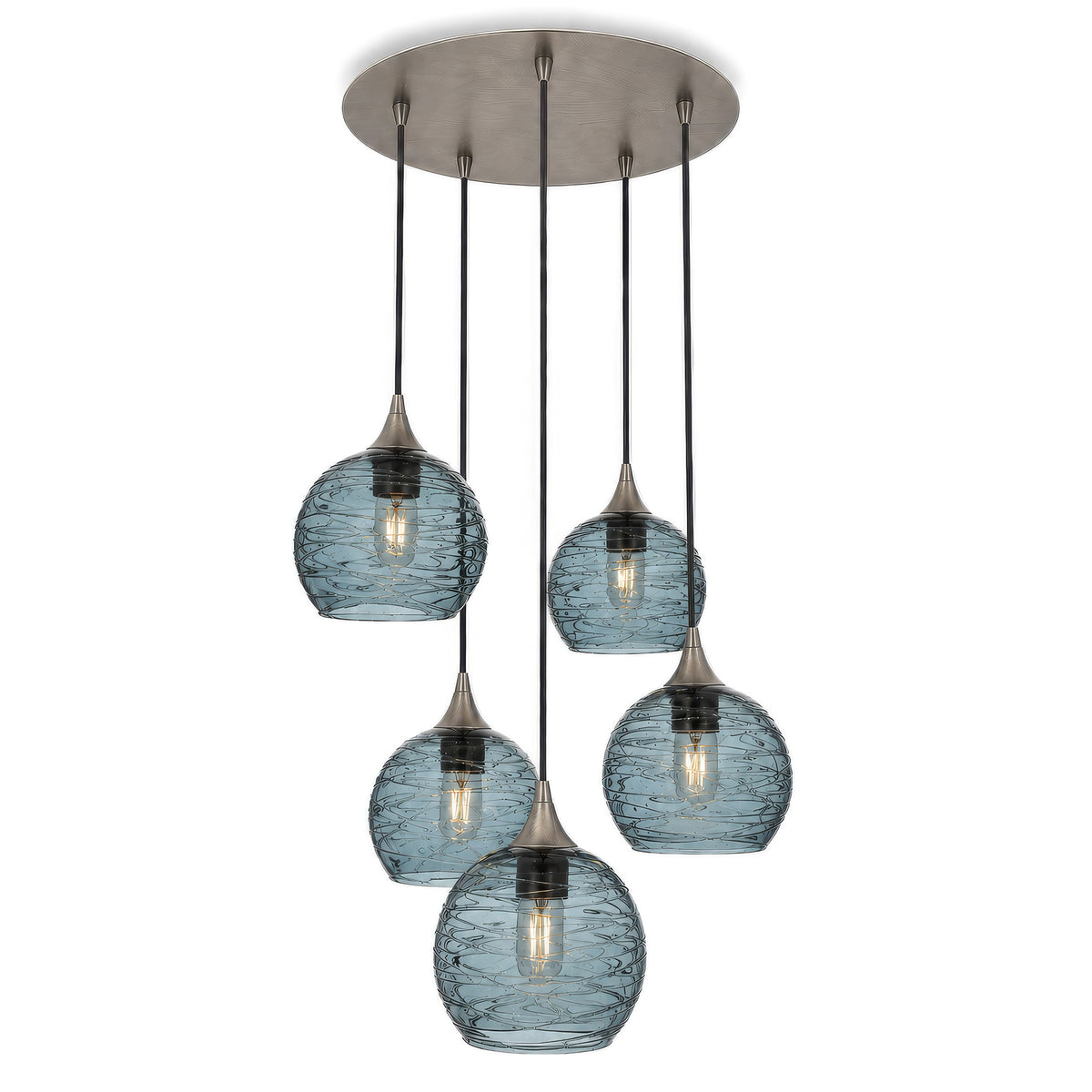 767 5 Pendant Cascade Chandelier-Glass-Bicycle Glass Co - Hotshop-Antique Bronze - 4ft Cord-Spun-Slate Gray-Bicycle Glass Co