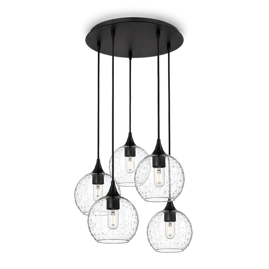 767 5 Pendant Cascade Chandelier-Glass-Bicycle Glass Co - Hotshop-Matte Black - 4ft Cord-Lunar-Eco Clear-Bicycle Glass Co