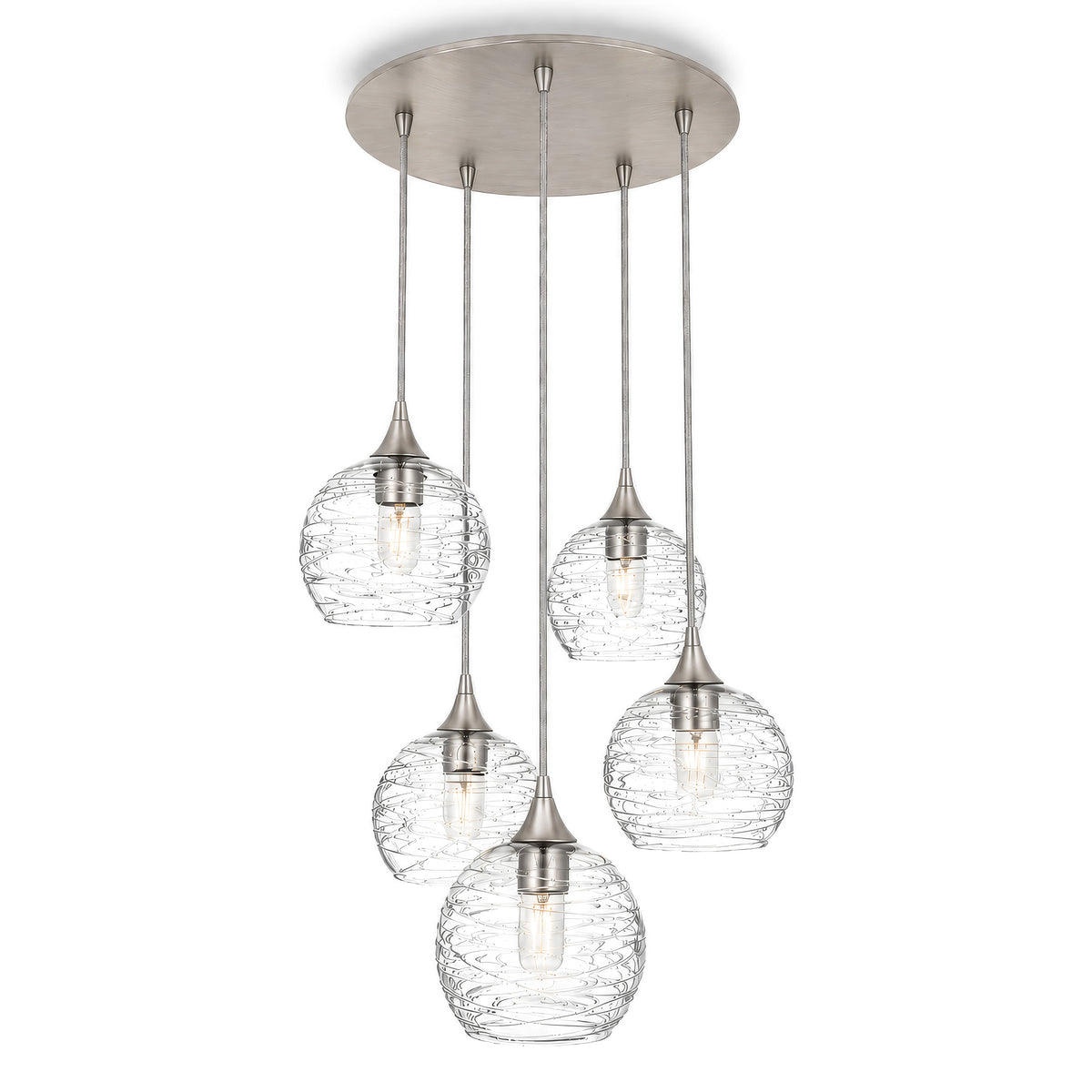 767 5 Pendant Cascade Chandelier-Glass-Bicycle Glass Co - Hotshop-Brushed Nickel - 4ft Cord-Spun-Eco Clear-Bicycle Glass Co