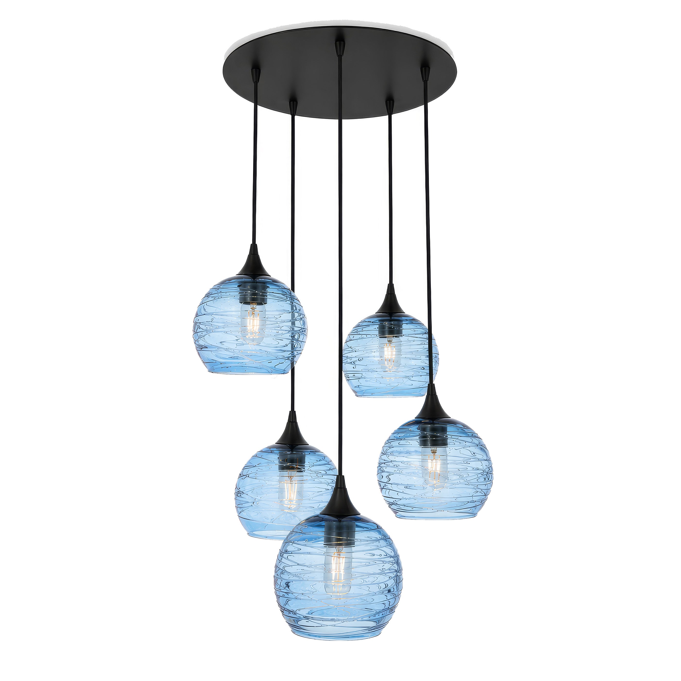 767 5 Pendant Cascade Chandelier-Glass-Bicycle Glass Co - Hotshop-Matte Black - 4ft Cord-Spun-Steel Blue-Bicycle Glass Co