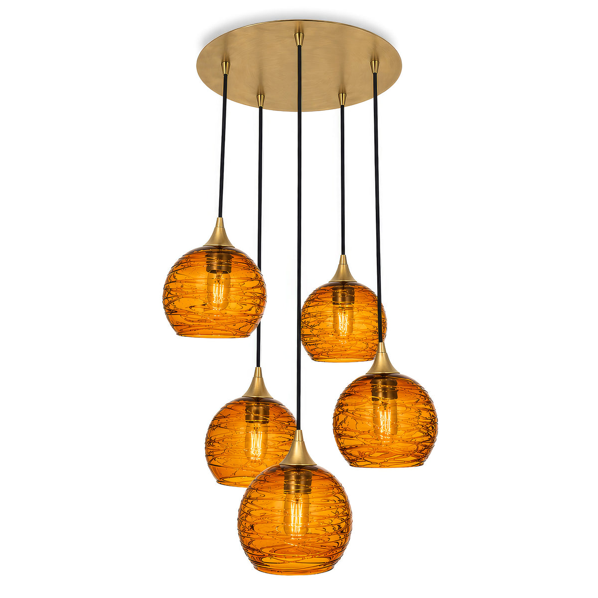 767 5 Pendant Cascade Chandelier-Glass-Bicycle Glass Co - Hotshop-Polished Brass - 4ft Cord-Spun-Golden Amber-Bicycle Glass Co