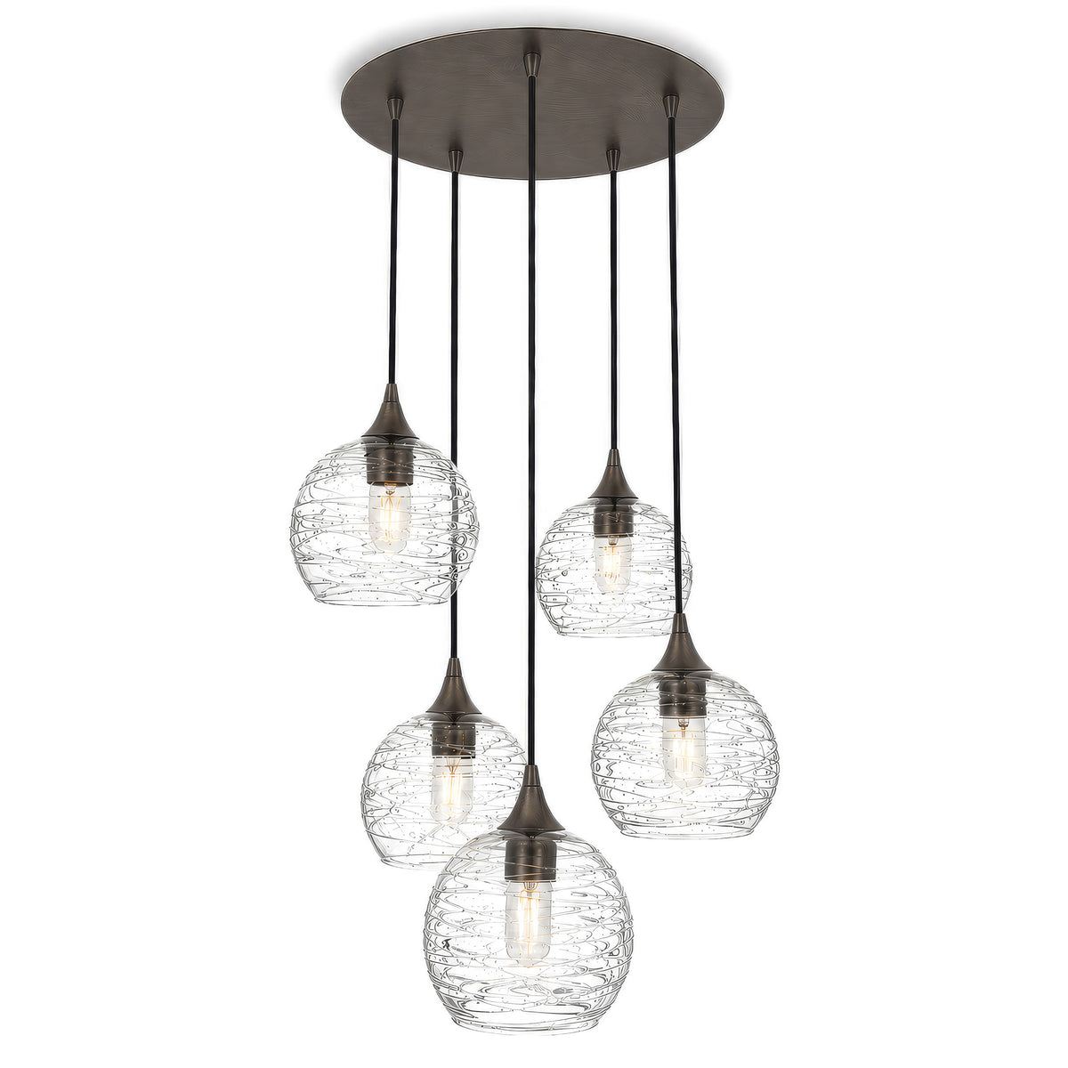 767 5 Pendant Cascade Chandelier-Glass-Bicycle Glass Co - Hotshop-Antique Bronze - 4ft Cord-Spun-Eco Clear-Bicycle Glass Co