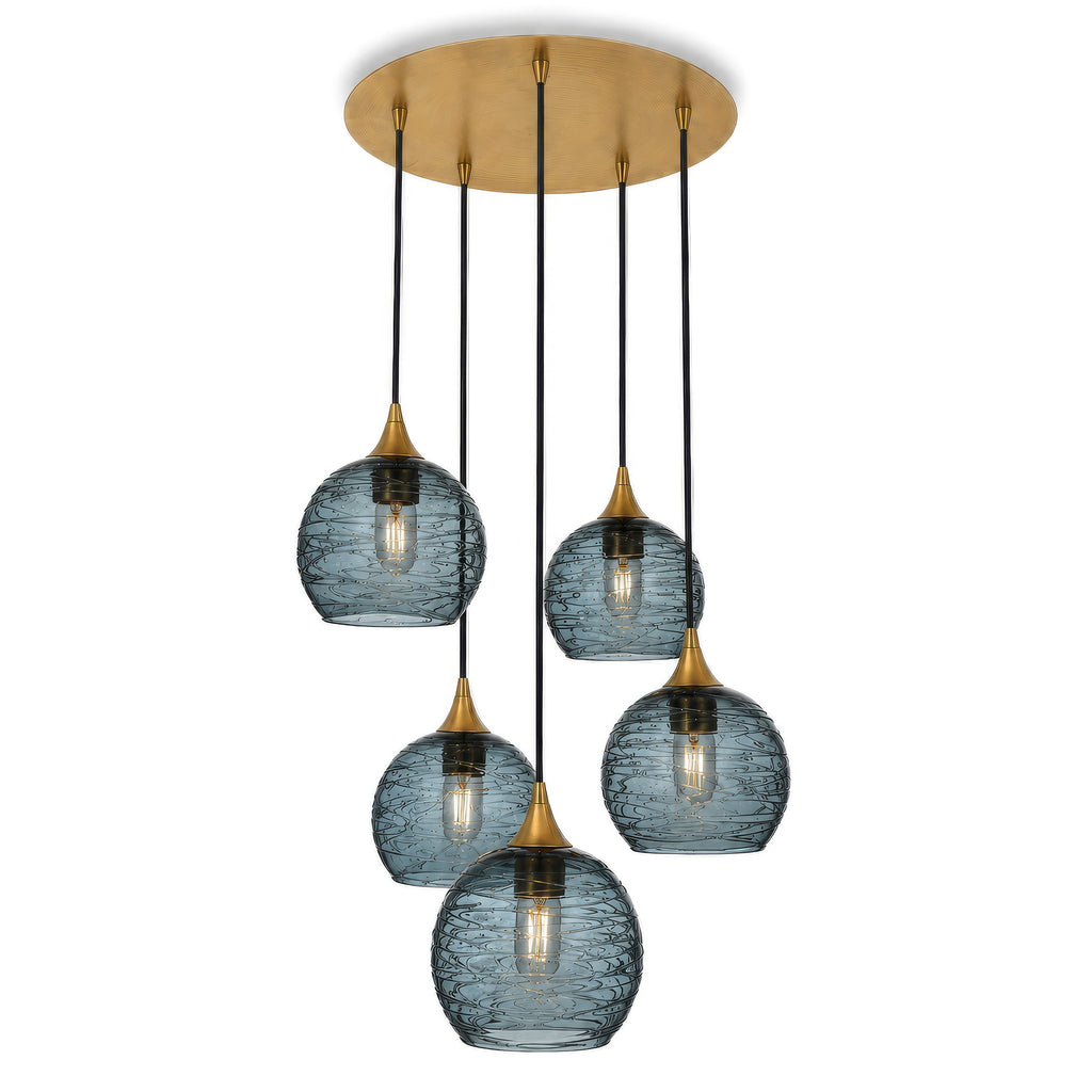 767 5 Pendant Cascade Chandelier-Glass-Bicycle Glass Co - Hotshop-Polished Brass - 4ft Cord-Spun-Slate Gray-Bicycle Glass Co