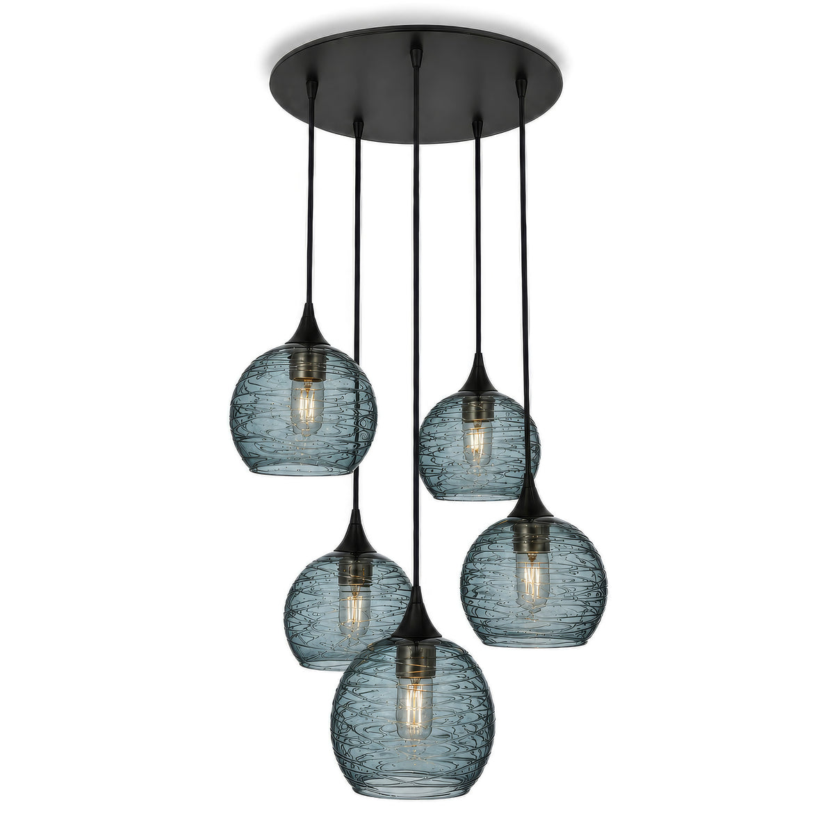 767 5 Pendant Cascade Chandelier-Glass-Bicycle Glass Co - Hotshop-Matte Black - 4ft Cord-Spun-Slate Gray-Bicycle Glass Co