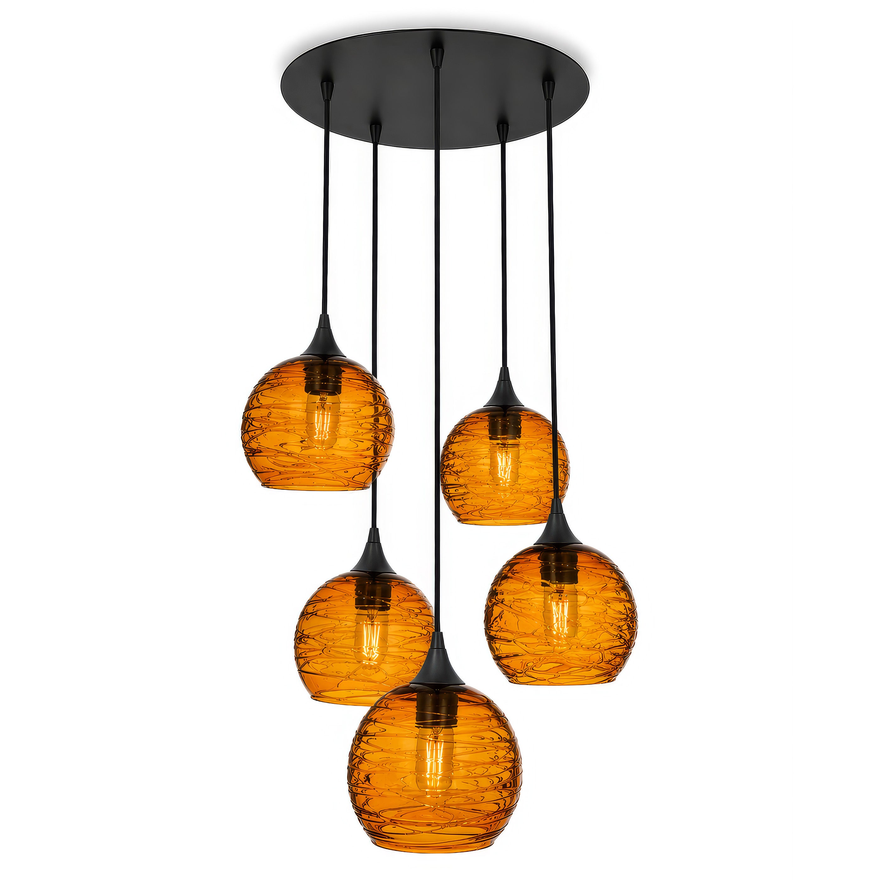 767 5 Pendant Cascade Chandelier-Glass-Bicycle Glass Co - Hotshop-Matte Black - 4ft Cord-Spun-Golden Amber-Bicycle Glass Co