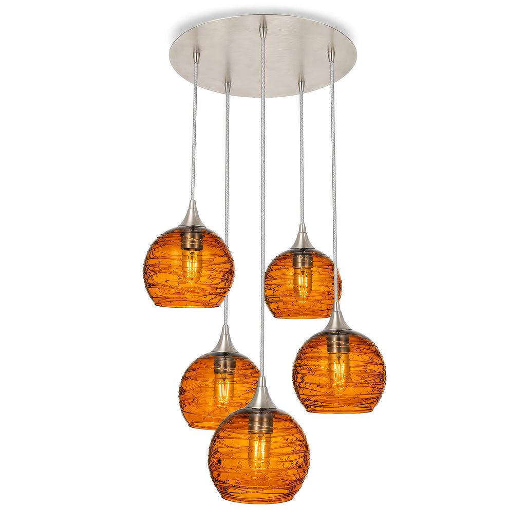 767 5 Pendant Cascade Chandelier-Glass-Bicycle Glass Co - Hotshop-Brushed Nickel - 4ft Cord-Spun-Golden Amber-Bicycle Glass Co