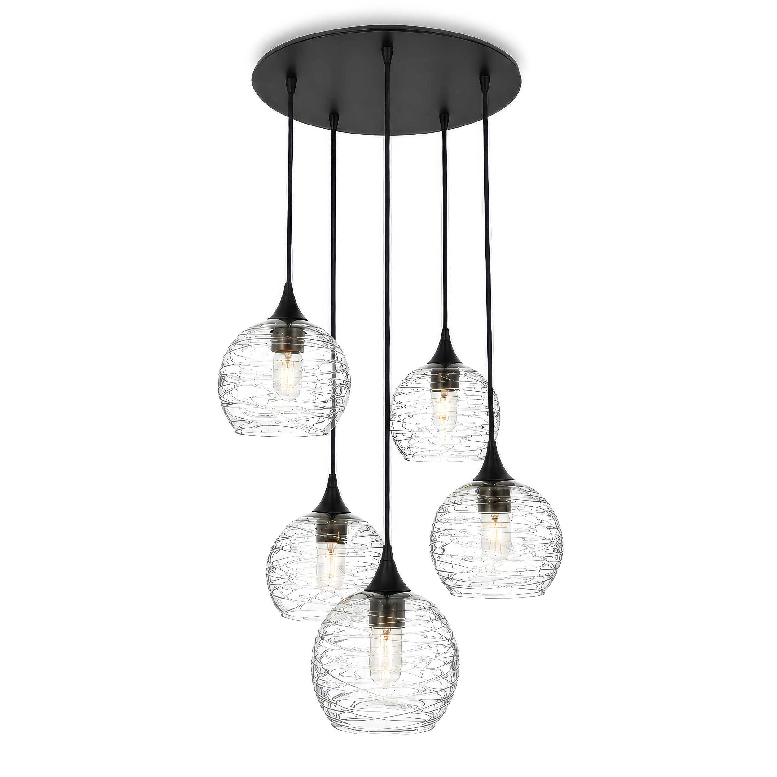 767 5 Pendant Cascade Chandelier-Glass-Bicycle Glass Co - Hotshop-Spun-Eco Clear-Matte Black - 4ft Cord-Bicycle Glass Co