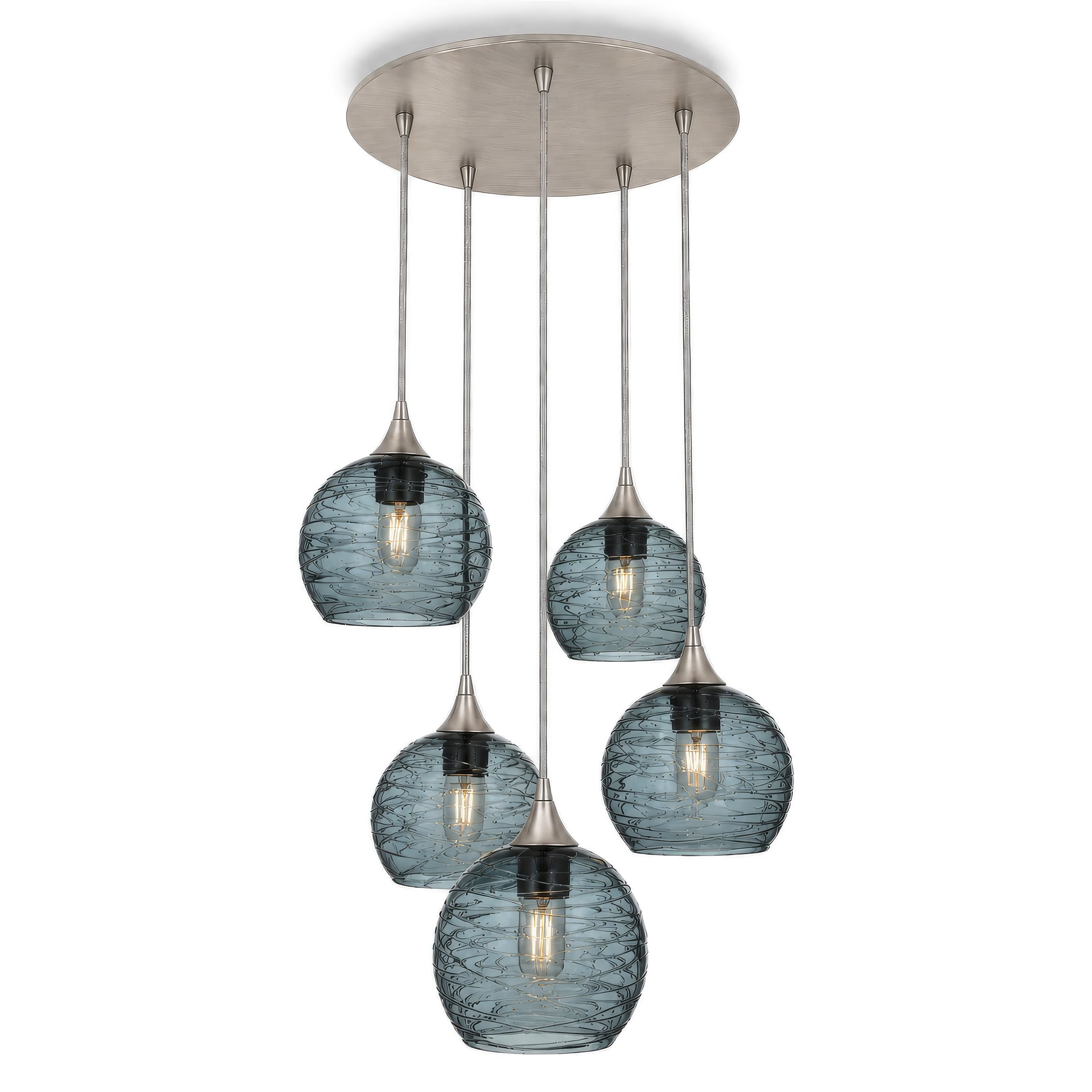 767 5 Pendant Cascade Chandelier-Glass-Bicycle Glass Co - Hotshop-Spun-Slate Gray-Brushed Nickel - 4ft Cord-Bicycle Glass Co