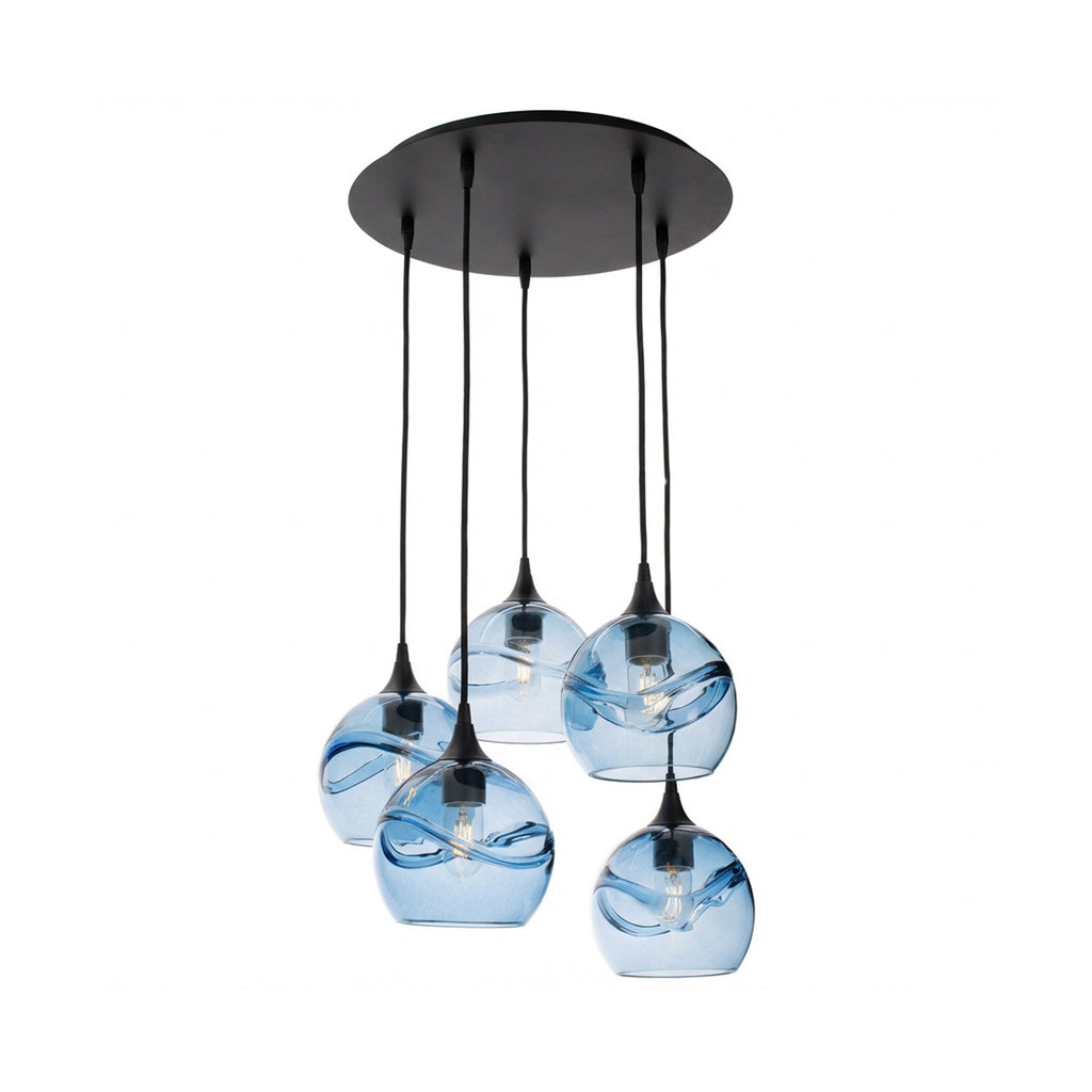 767 5 Pendant Cascade Chandelier-Glass-Bicycle Glass Co - Hotshop-Matte Black - 4ft Cord-Swell-Steel Blue-Bicycle Glass Co
