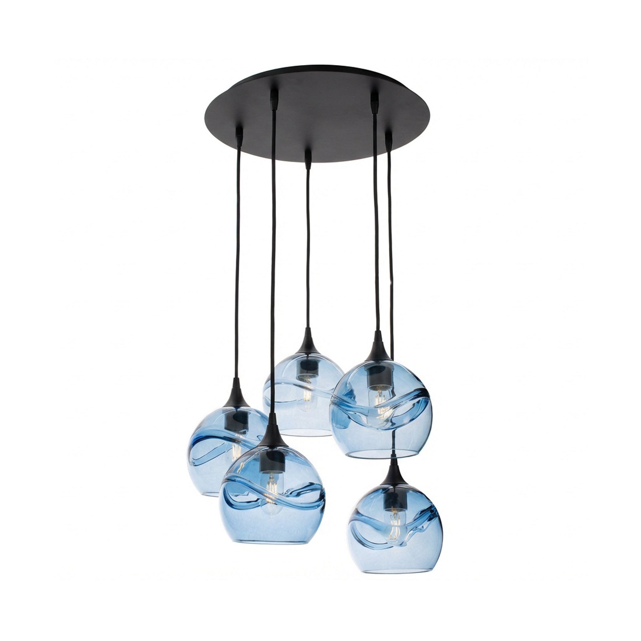 767 5 Pendant Cascade Chandelier-Glass-Bicycle Glass Co - Hotshop-Matte Black - 4ft Cord-Swell-Steel Blue-Bicycle Glass Co