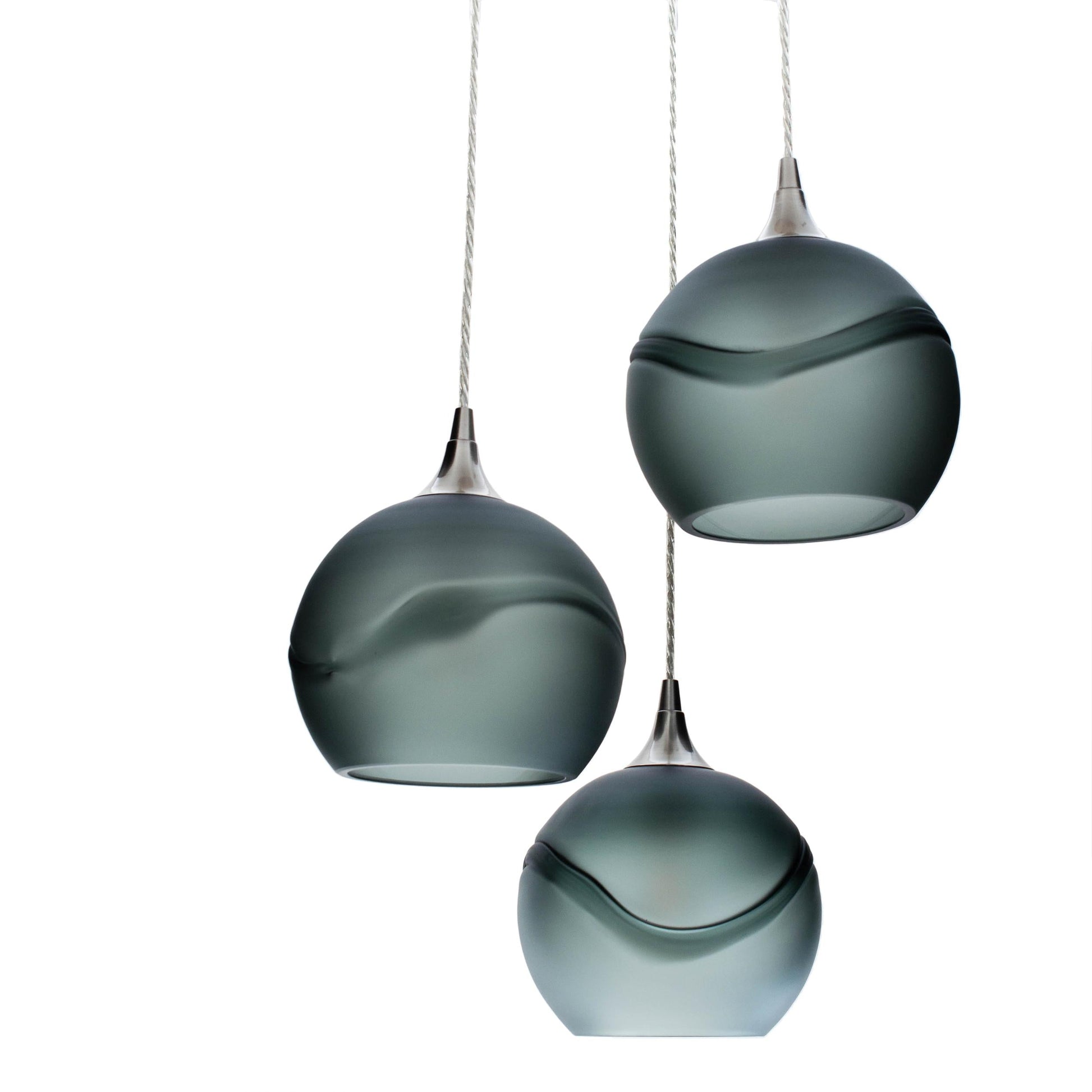 Bicycle Glass Co 767 Glacial: 3 Pendant Cascade Chandelier, Slate Gray Glass, Brushed Nickel Hardware, Light Bulbs Off, Detail Shot, Close Up